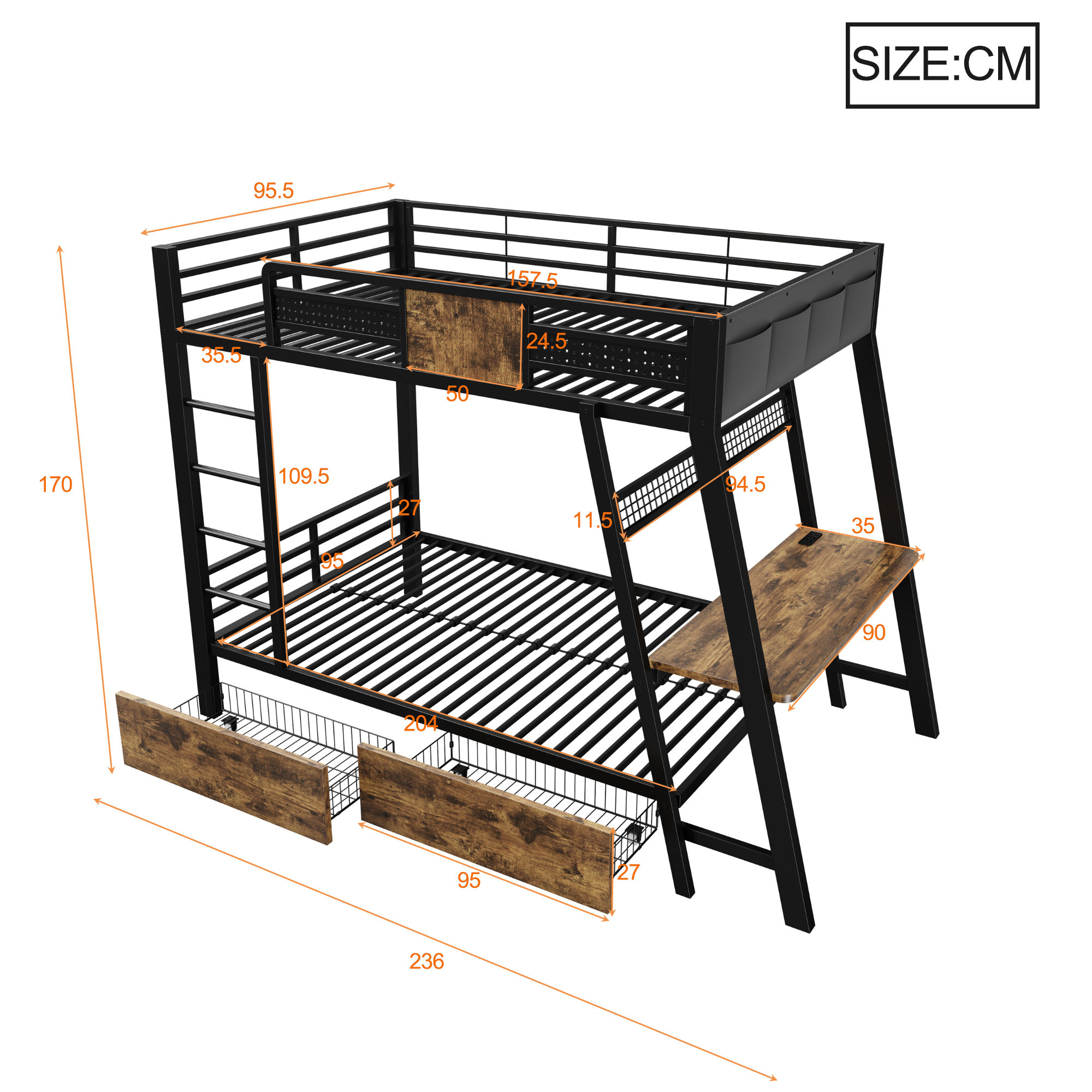 Lit superposé 90 x 200 cm, bureau intégré, échelle latérale, tiroirs de rangement, éclairage LED au niveau du bureau, métal et MDF, noir, 236 x 95,5 x 170 cm 🛏️🪜 - vue complémentaire 1