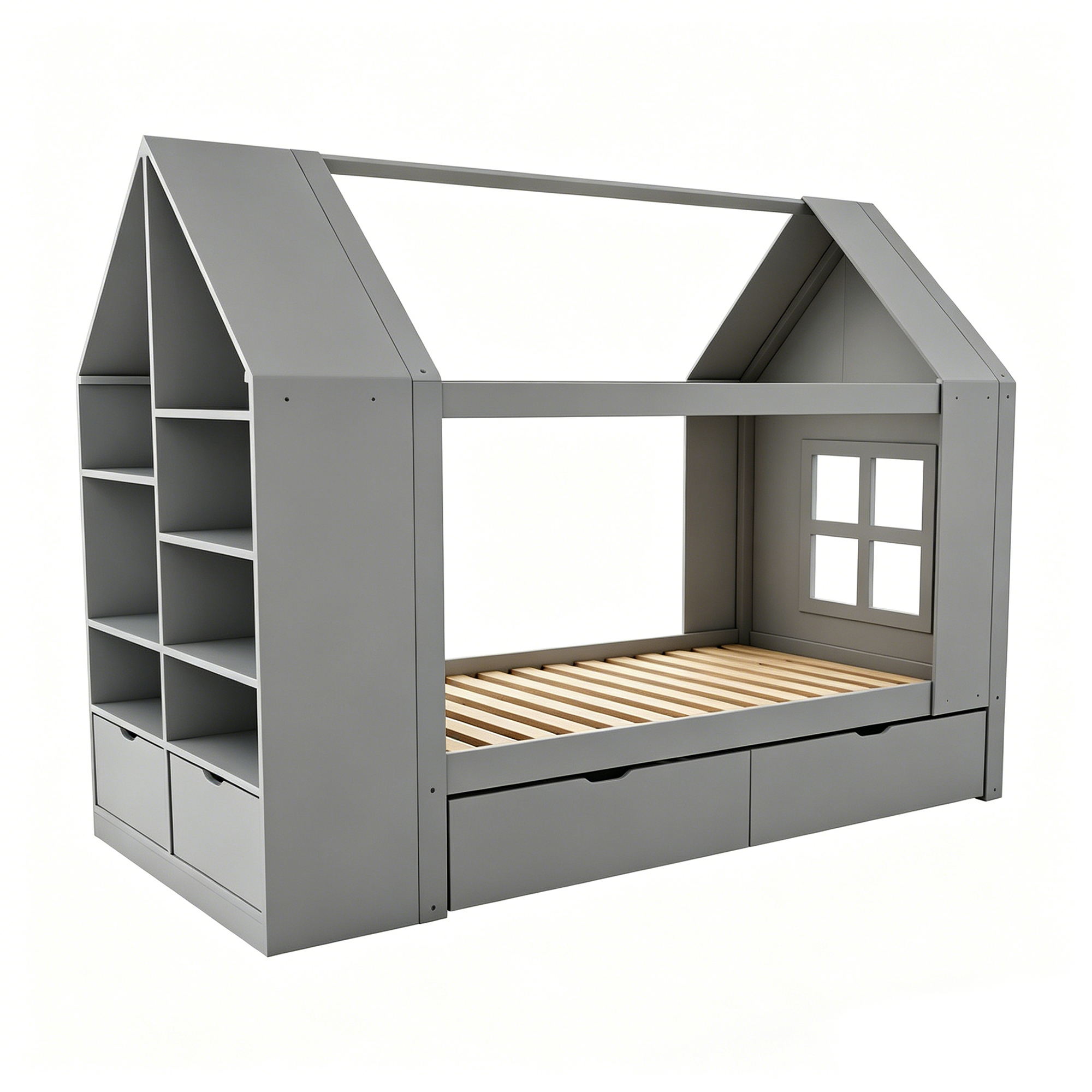 Lit cabane enfant 90 x 200 cm, 2 tiroirs, éclairage LED latéral, bois massif et MDF, gris, 235 x 95 x 154,5 cm 🏠 - présentation 1