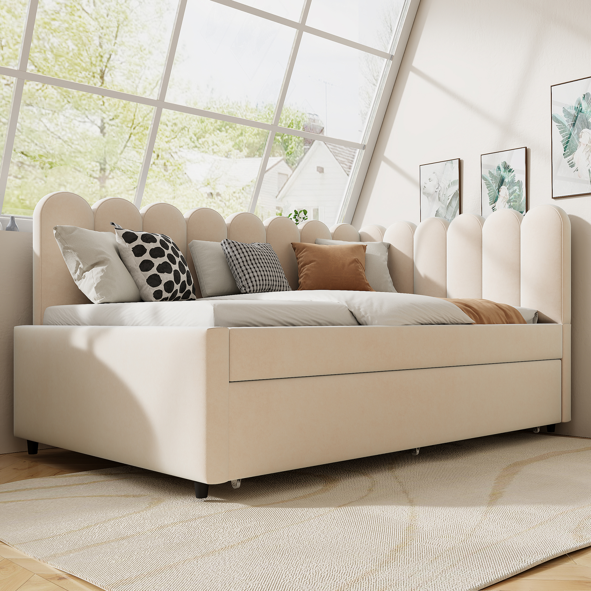 Canapé-lit en L 140×200 cm avec escamotable, velours, pour invités et petites familles, design gain de place, confort assise et couchage, style élégant, utilisation simple, stabilité, durabilité, fonctionnalité - image 2