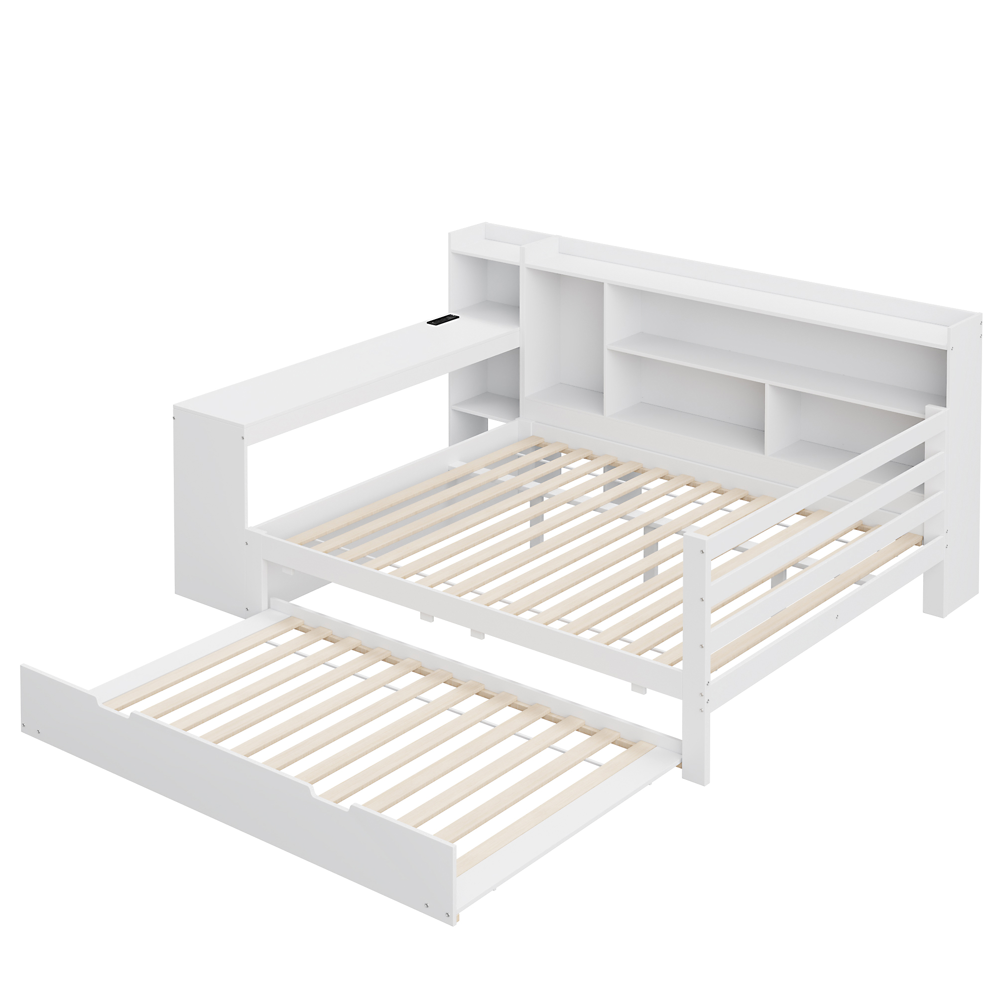 Canapé-lit en bois avec escamotable, étagères, bibliothèques, compartiments, prise + USB, pour salon et chambre, beaucoup de rangement, couchage supplémentaire, recharge au lit, design fonctionnel, stabilité, durabilité - image 14