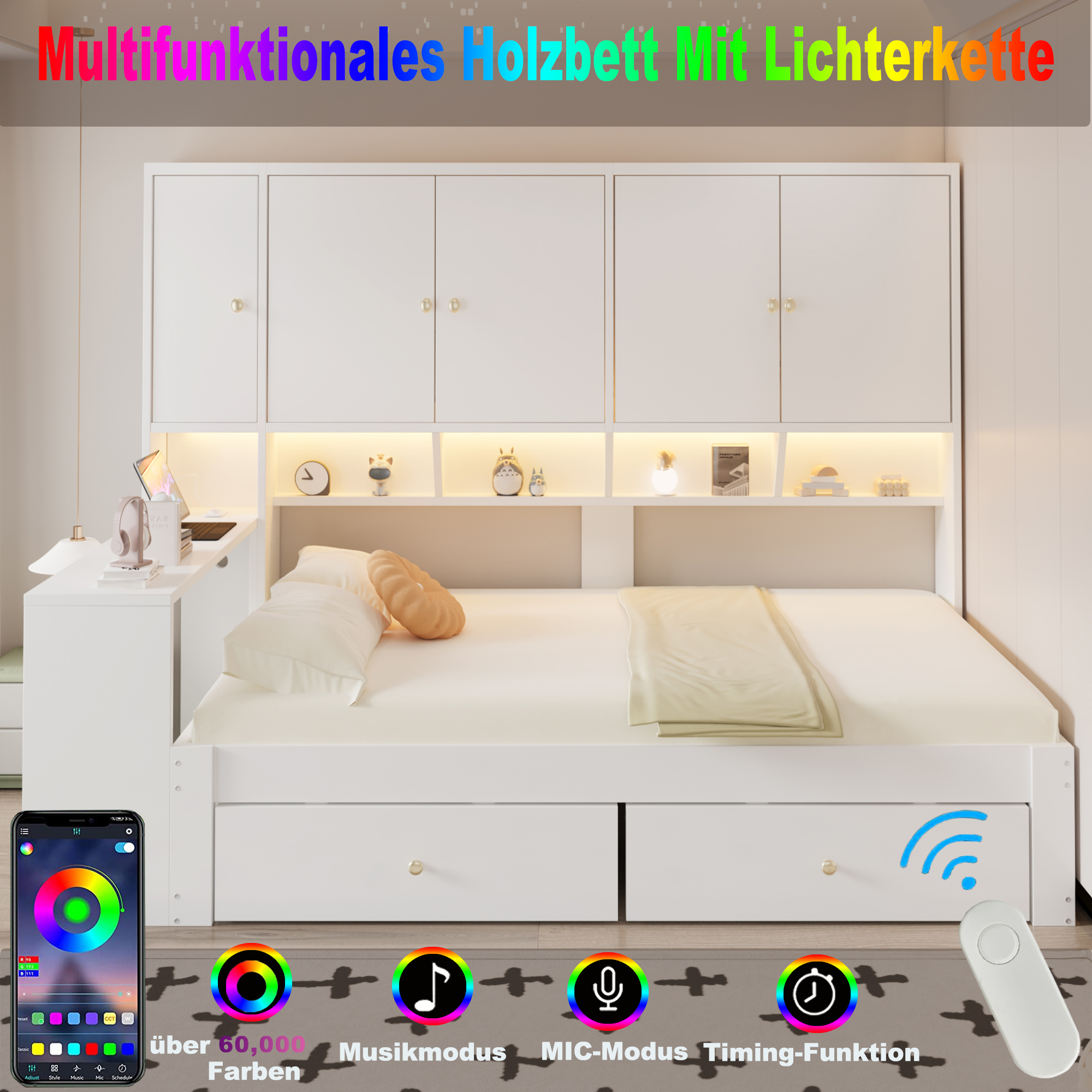 Détails des tiroirs, niches et bandes LED du lit multifonction 90 x 200 cm