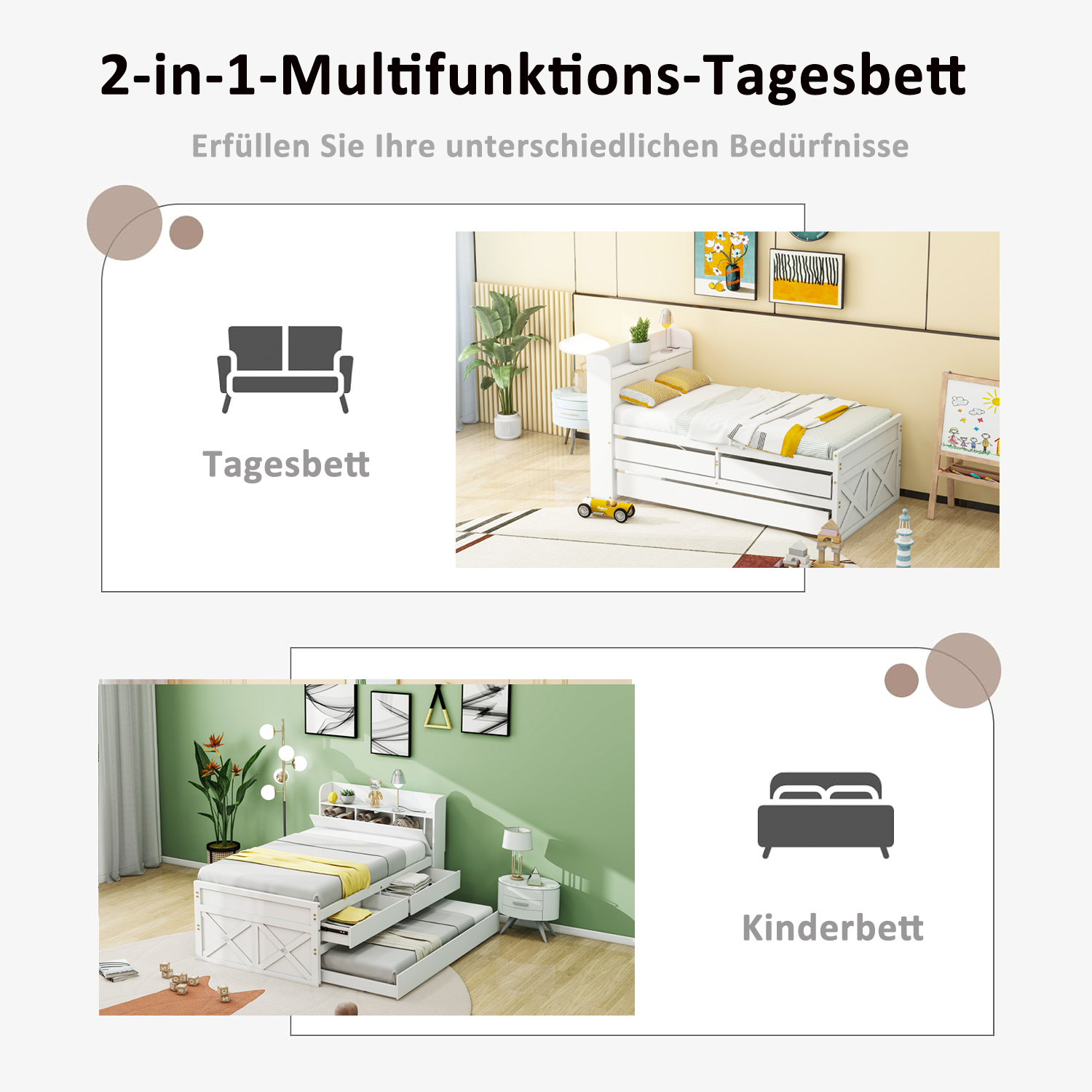 Dimensions du lit multifonction Blanc 90 x 190 cm avec lit gigogne et 2 tiroirs