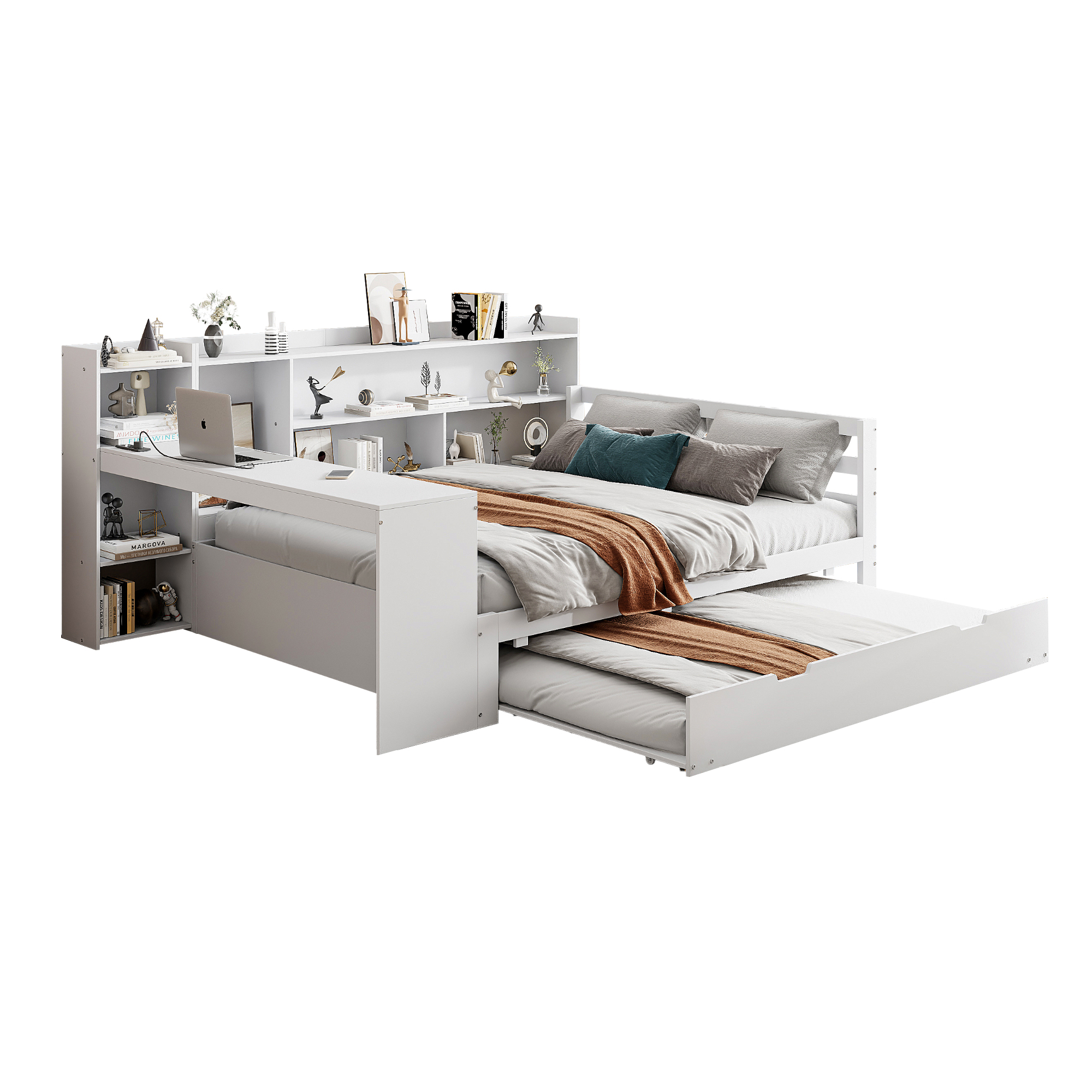 Canapé-lit en bois avec escamotable, étagères, bibliothèques, compartiments, prise + USB, pour salon et chambre, beaucoup de rangement, couchage supplémentaire, recharge au lit, design fonctionnel, stabilité, durabilité - image 8