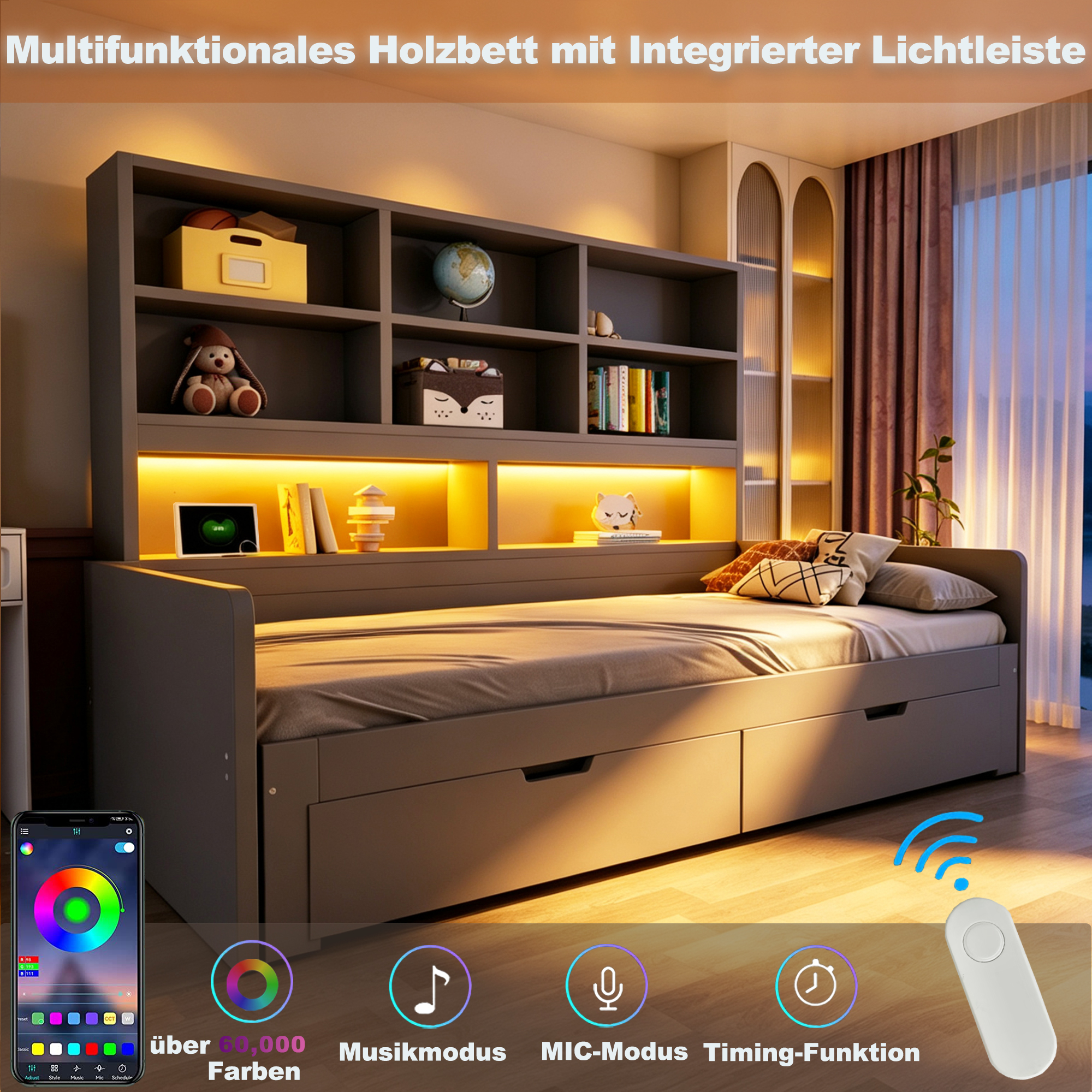 Lit banquette gris avec éclairage LED multicolore intégré à la bibliothèque, contrôle par application, modes musique et minuterie