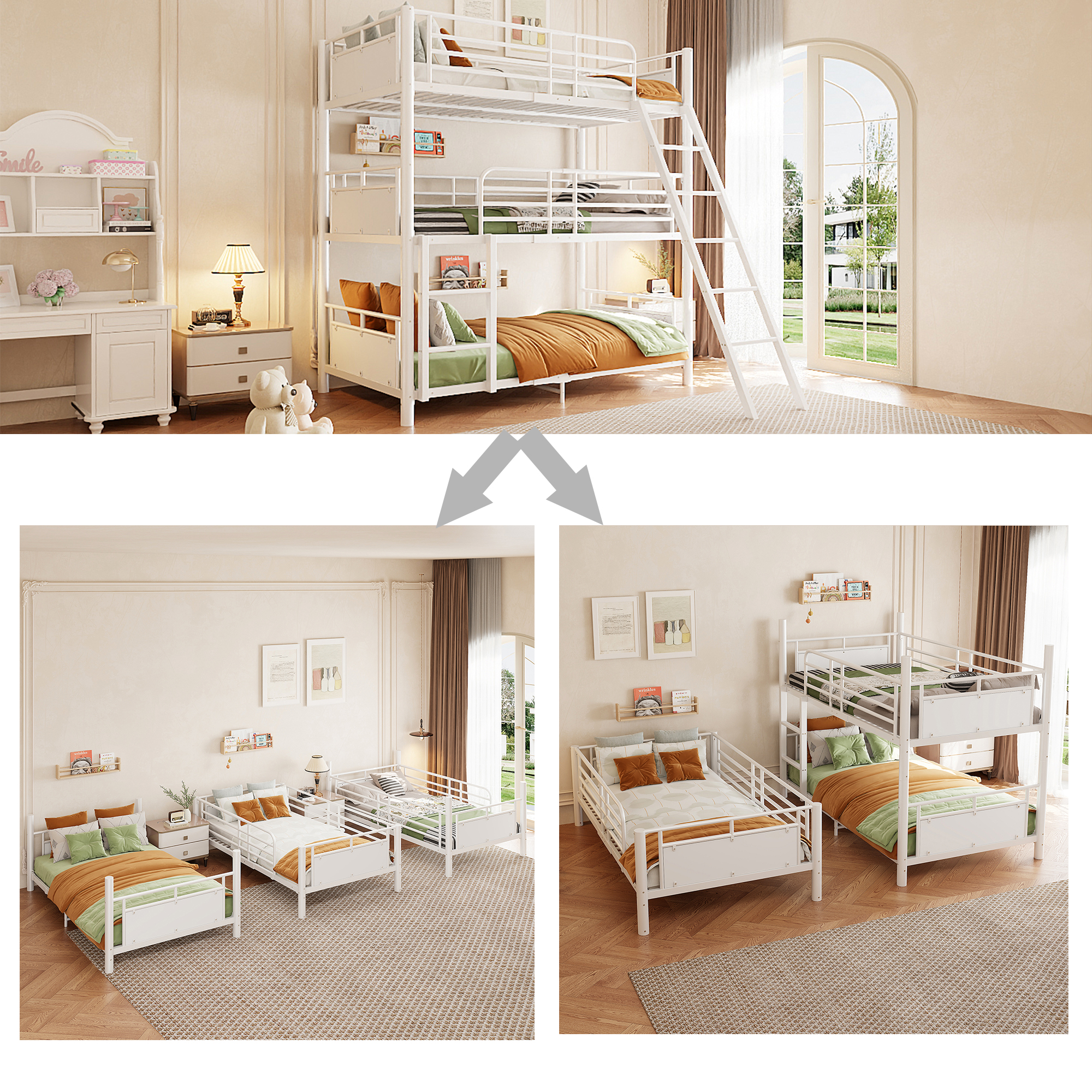 Lit superposé triple blanc modulable avec présentation des différentes configurations de couchage