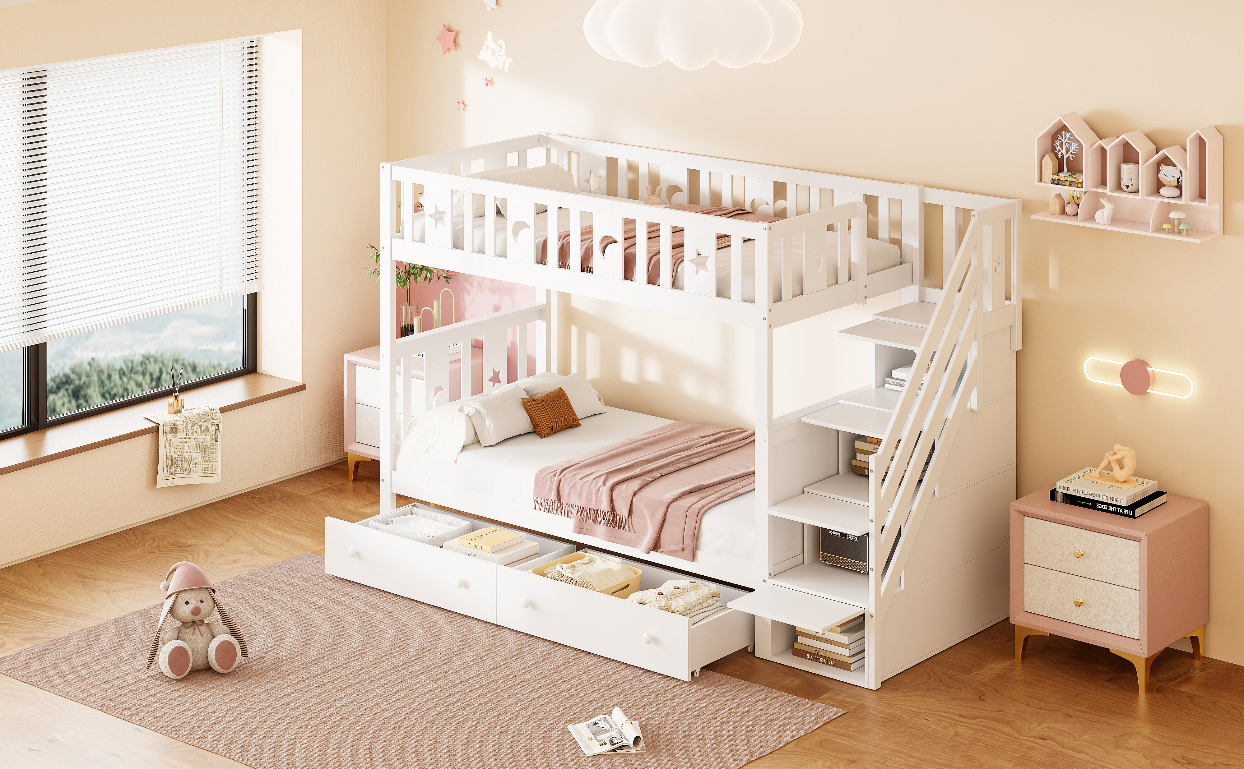 Lit superposé pour enfants avec motifs étoiles et lunes, rangement intégré