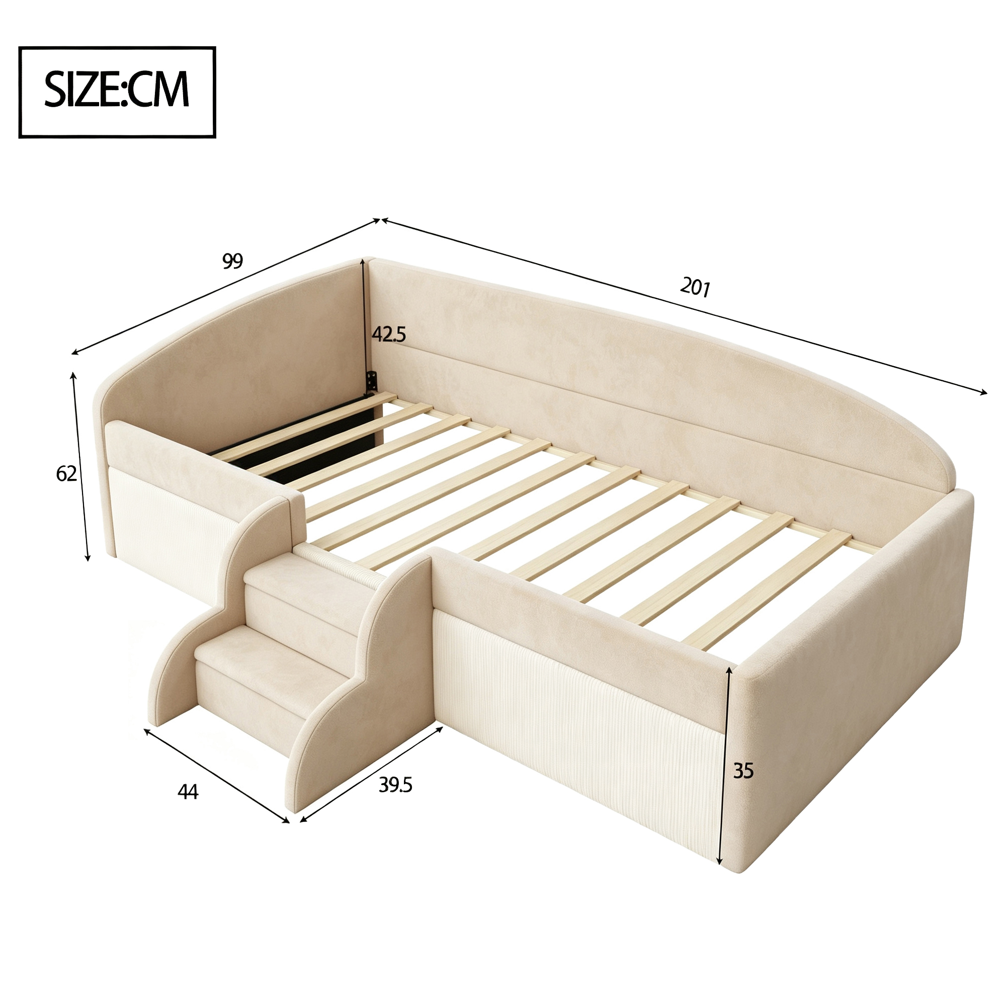 Dimensions et fonctions de Lit rembourré en velours 90 x 190 cm avec protection rembourrée et sommier à lattes, Beige, sans matelas