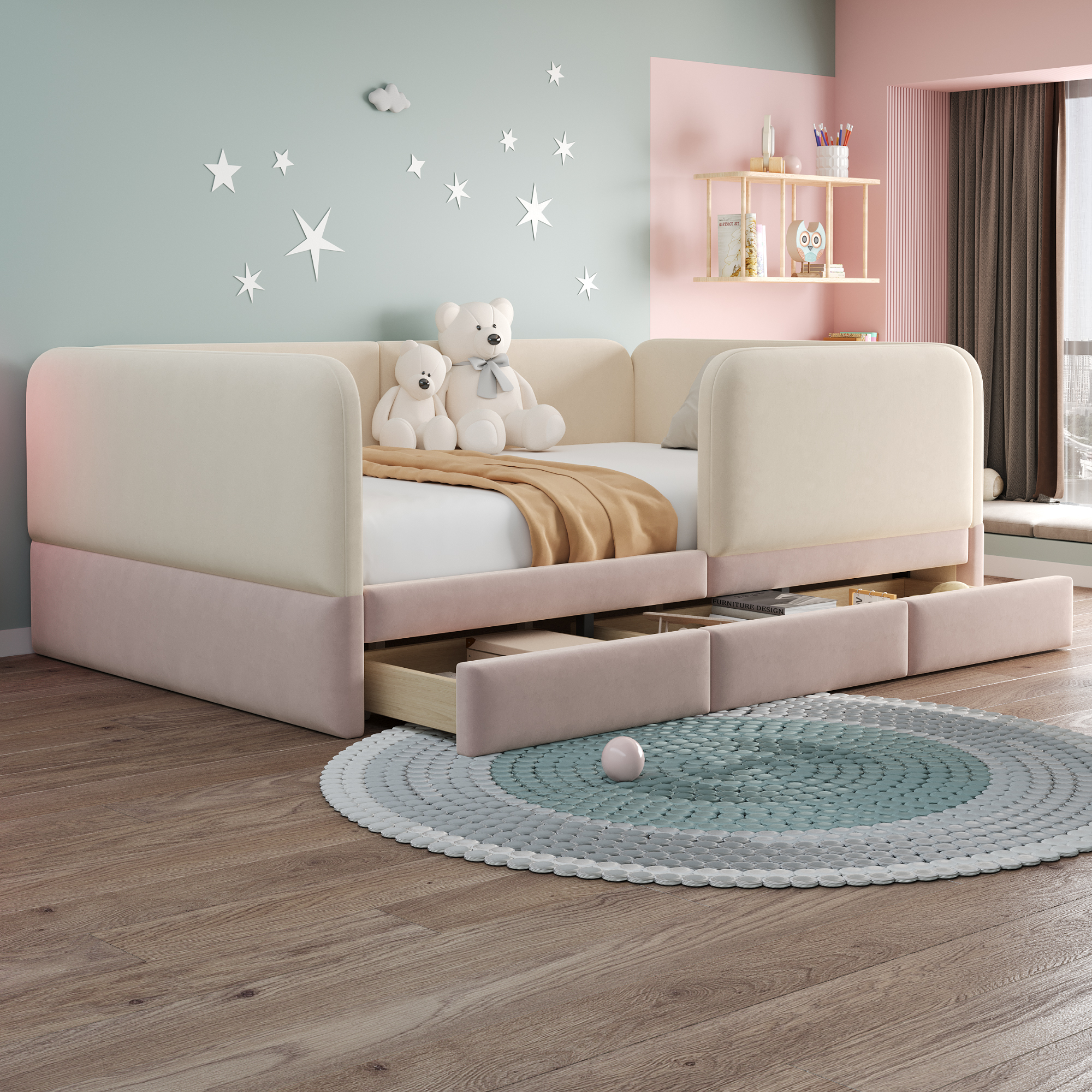 Lit rembourré en velours 140 x 200 cm avec tiroirs, protection rembourrée et angles arrondis, Beige et Rose, sans matelas