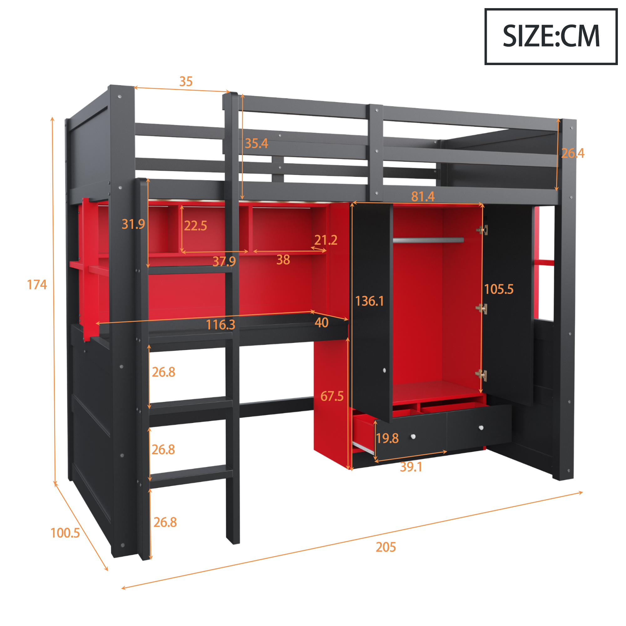 Lit mezzanine 90x200 cm avec LED, bureau, armoire et rangements, bois Noir + Rouge - vue complémentaire 1