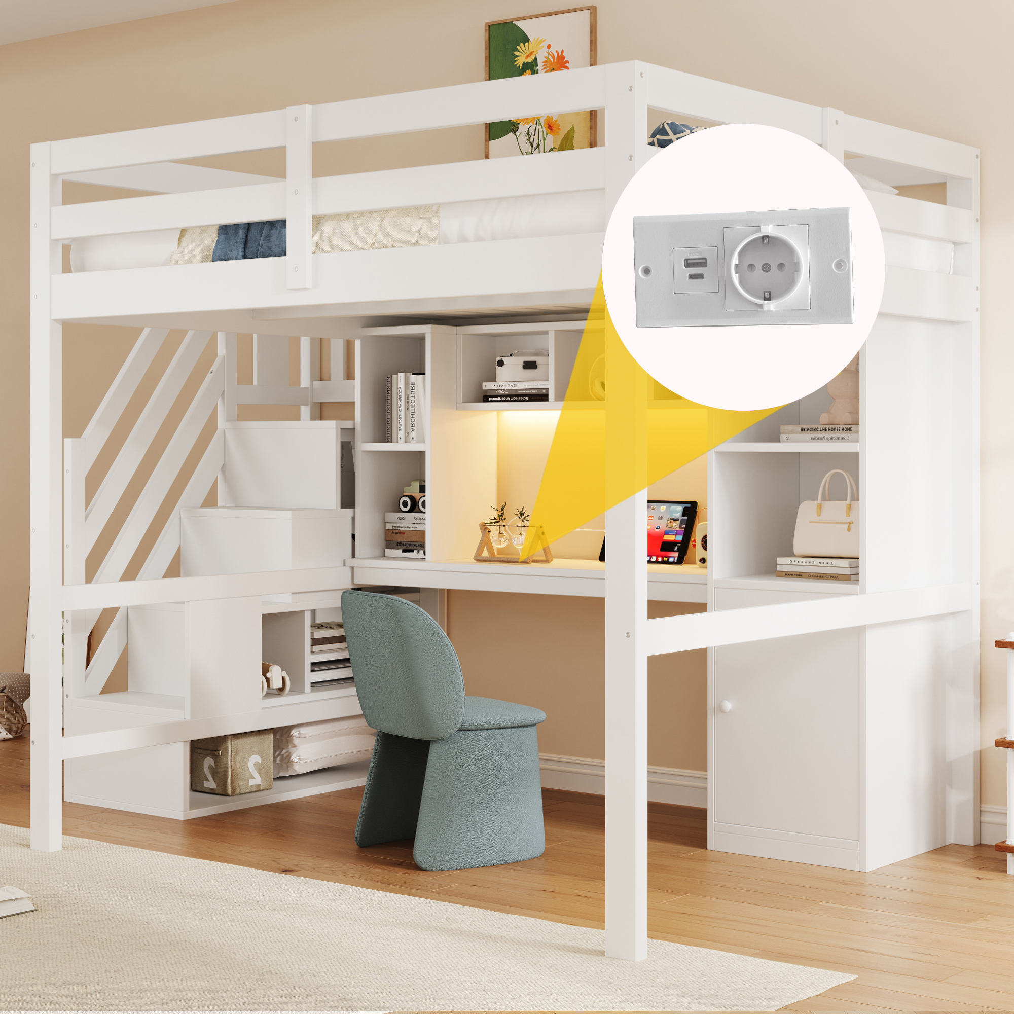 Lit mezzanine 140 x 200 cm, bureau intégré, escalier de rangement, éclairage LED au niveau du bureau, prise intégrée, bois de pin, blanc, 253 x 148 x 170 cm - spécifications 1