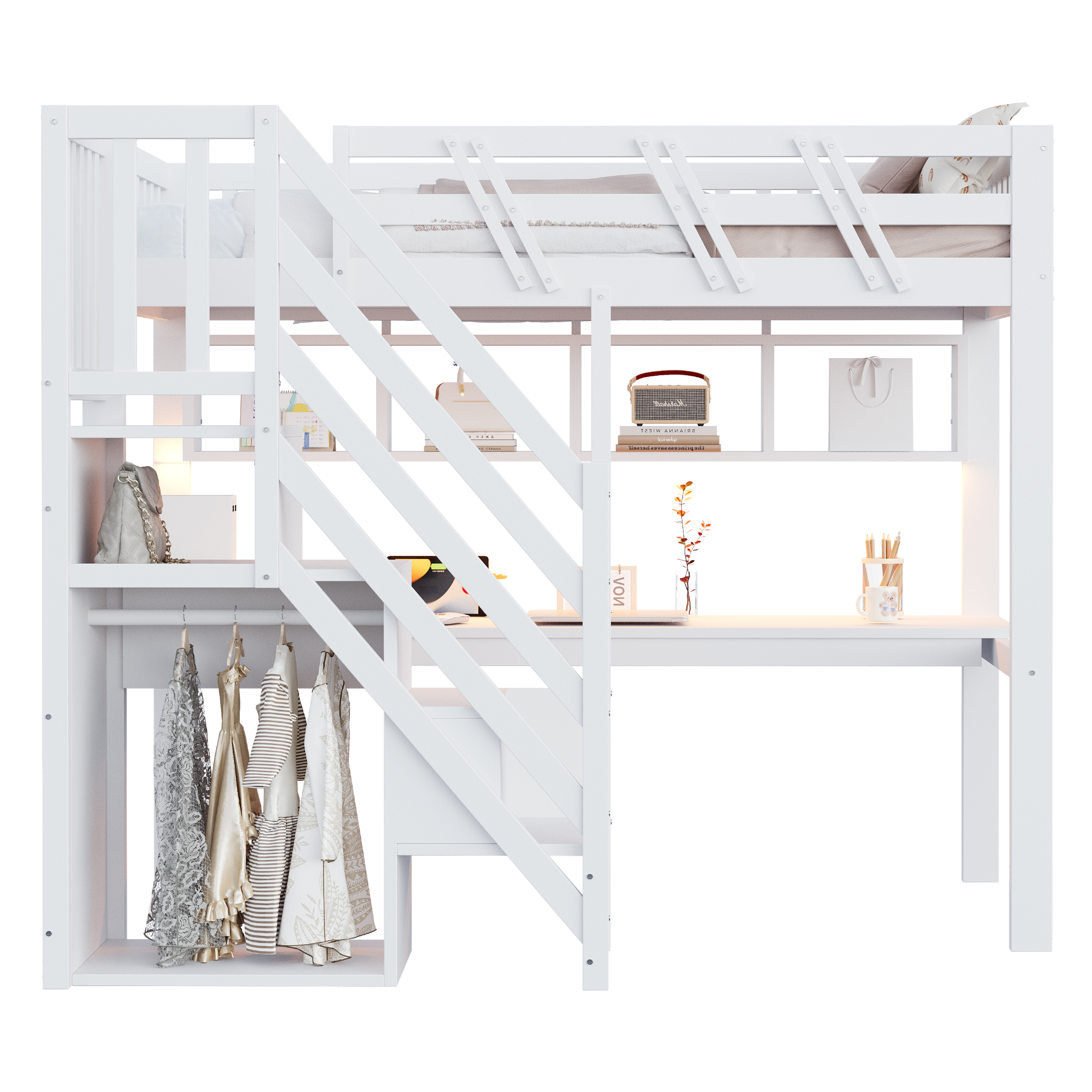 Lit enfant 90 x 200 cm avec bureau, LED, ports de charge, rangements, bois, Blanc - dimensions et détails