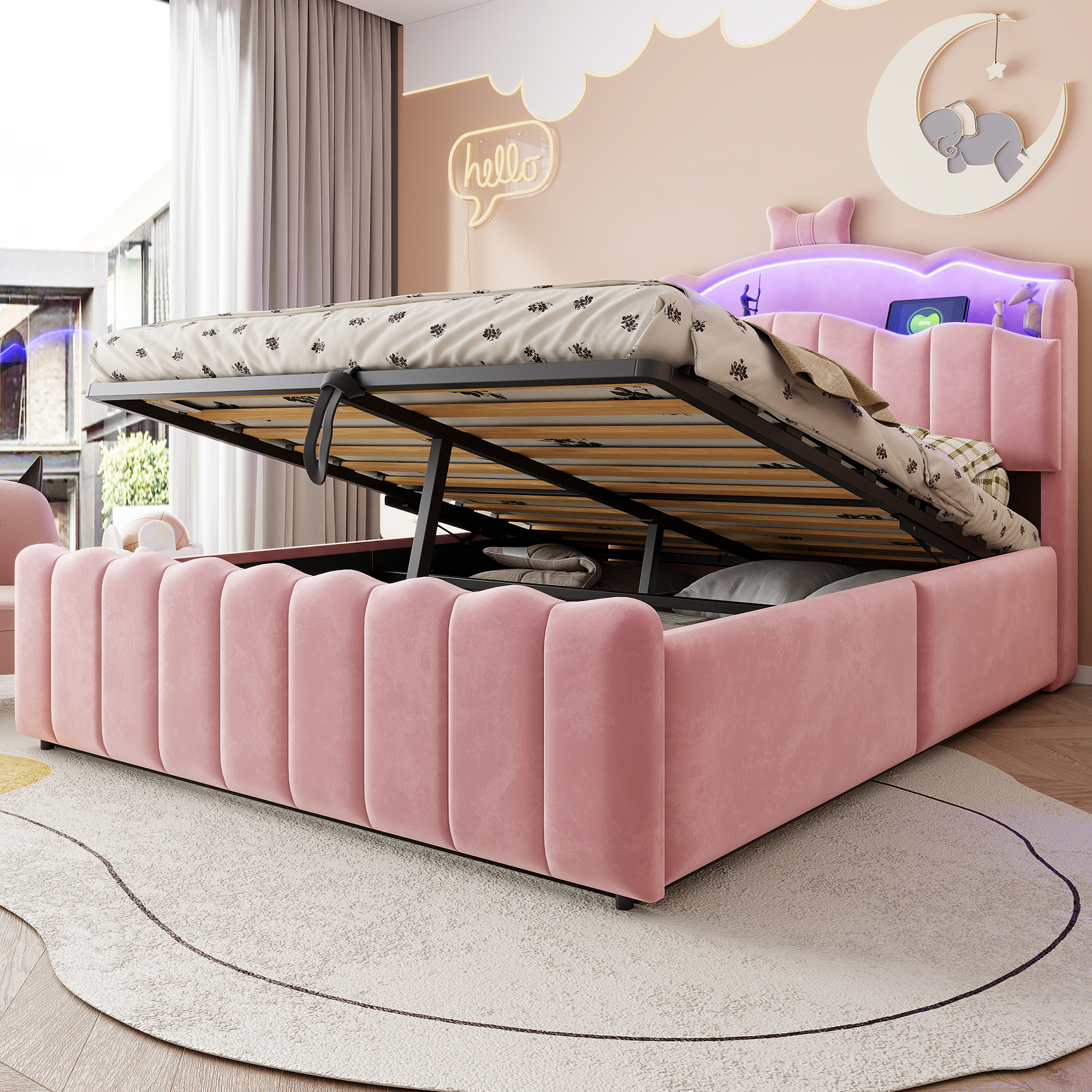 Lit enfant velours tête de lit nœud rose