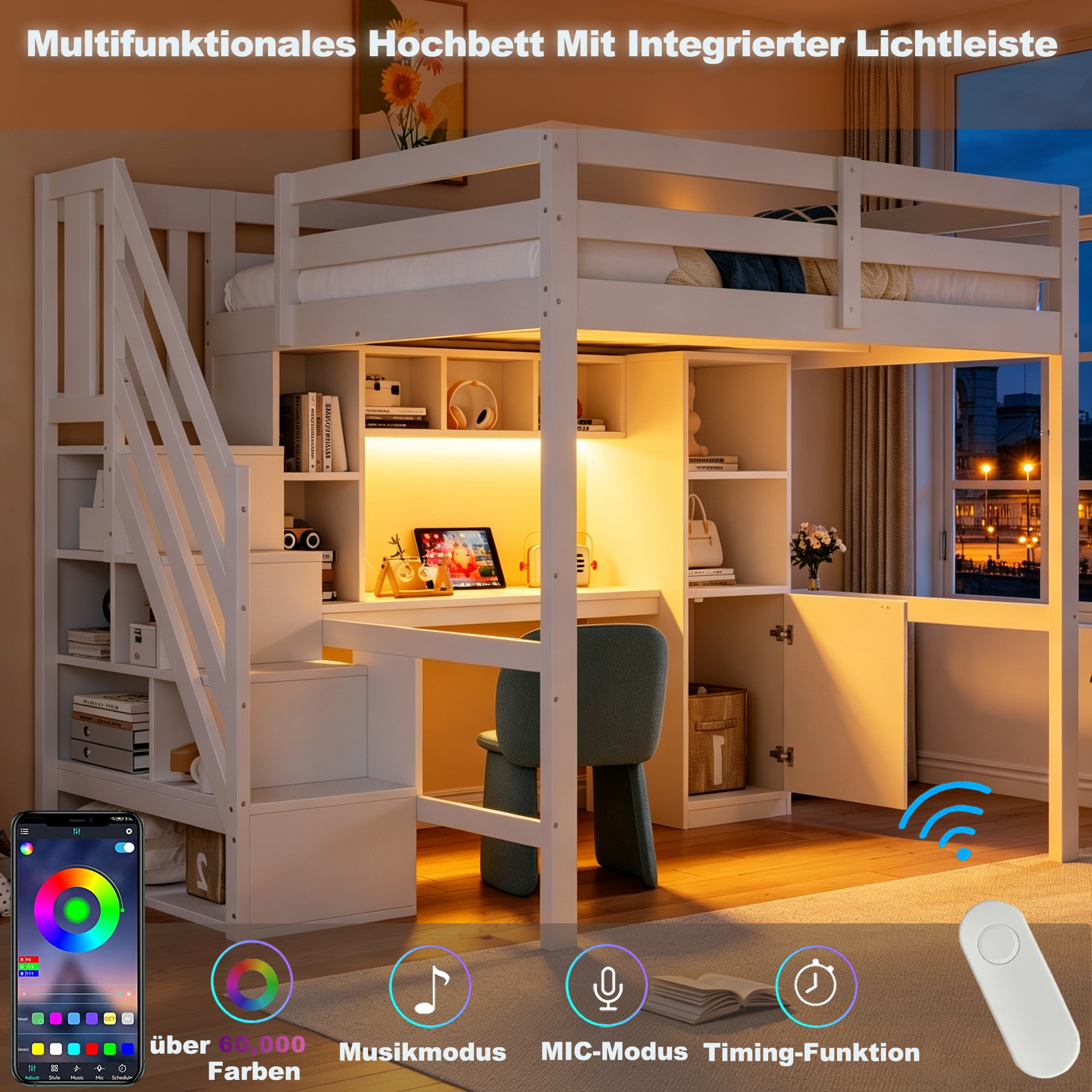 Lit mezzanine 140 x 200 cm, bureau intégré, escalier de rangement, éclairage LED au niveau du bureau, prise intégrée, bois de pin, blanc, 253 x 148 x 170 cm - points forts 1