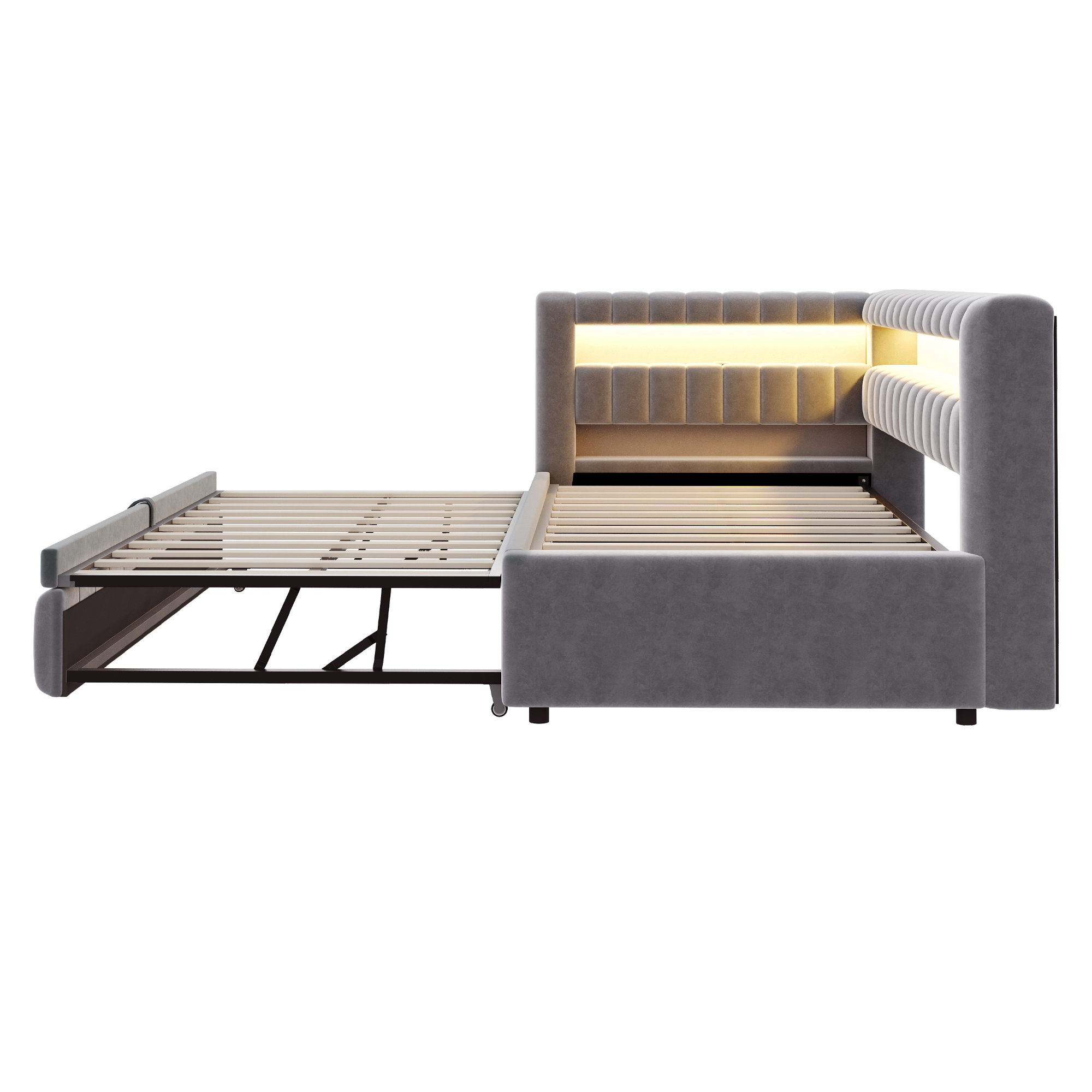 Lit banquette convertible 90x200 cm,en velours,couchage gigogne,éclairage LED,ports USB et Type-C,gris,lit 1 place,lit avec rangement intégré
