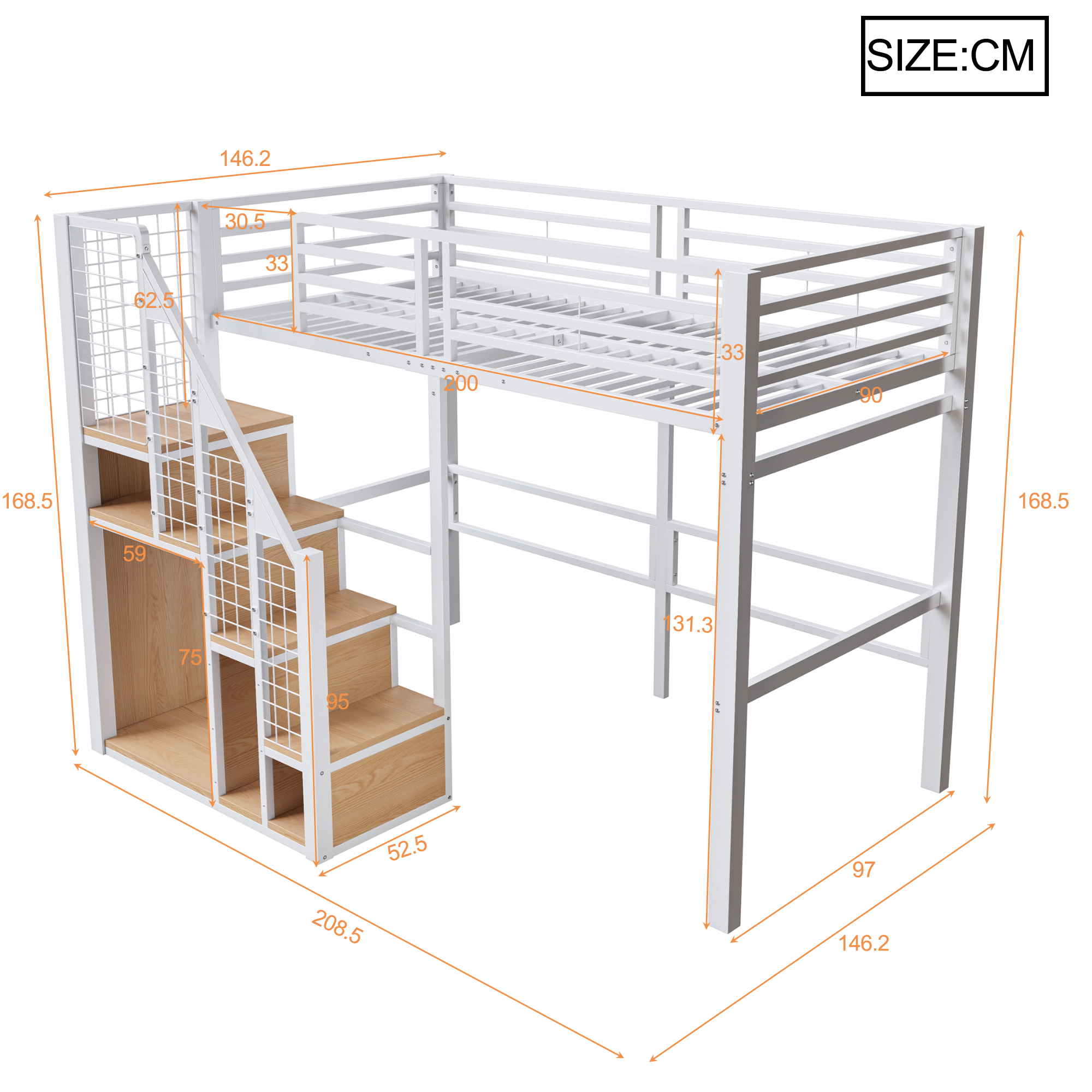 Lit mezzanine en métal 90 x 200 cm avec rangement penderie, escalier et espace inférieur blanc vue détaillée