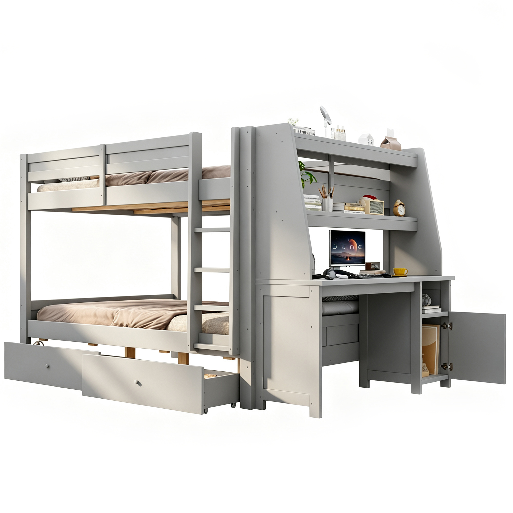 Détails de Lit mezzanine en bois 140 x 200 cm avec bureau, tiroirs, rangements et barrières de sécurité, Gris