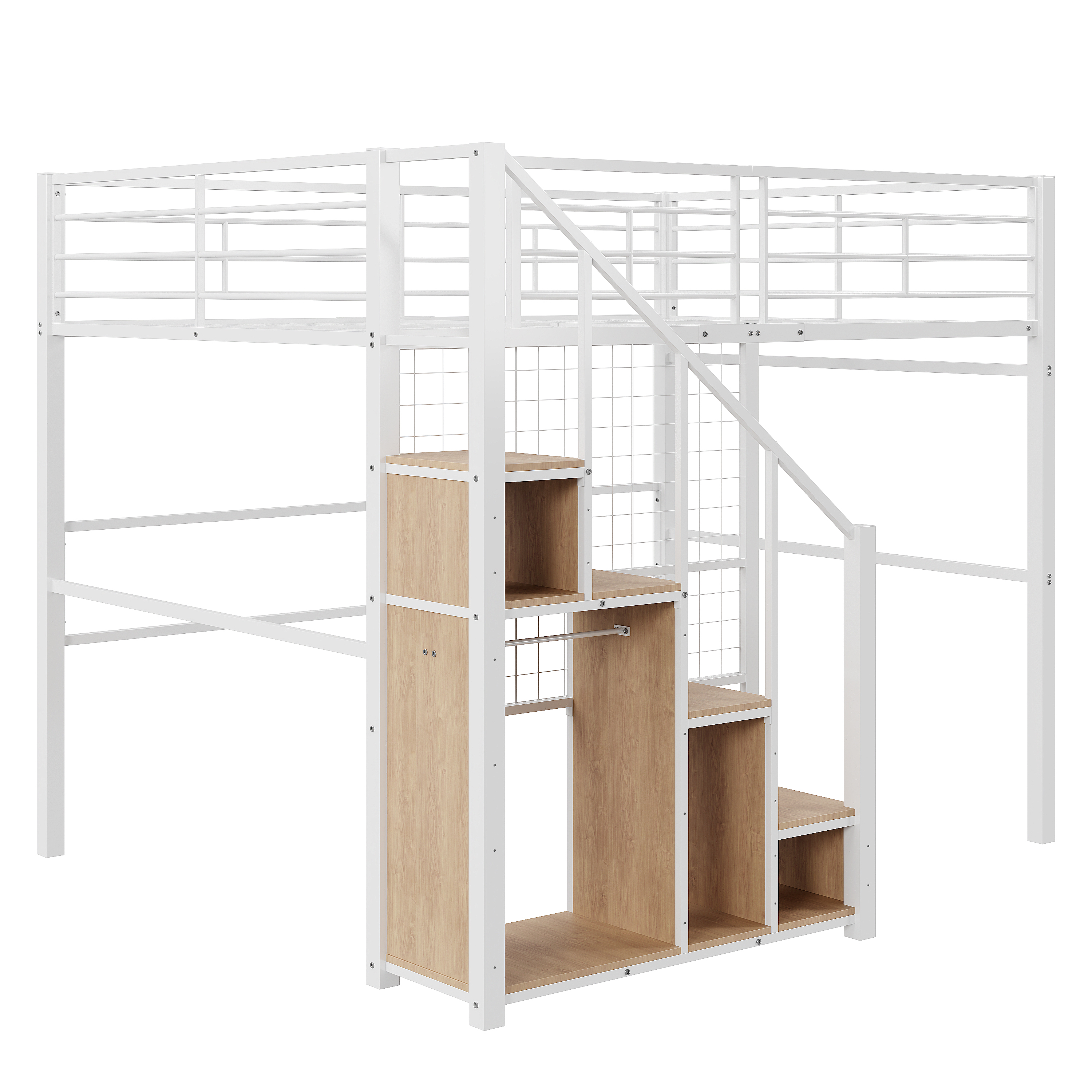 Lit mezzanine en métal 140 x 200 cm avec rangement penderie, escalier et espace inférieur blanc en situation