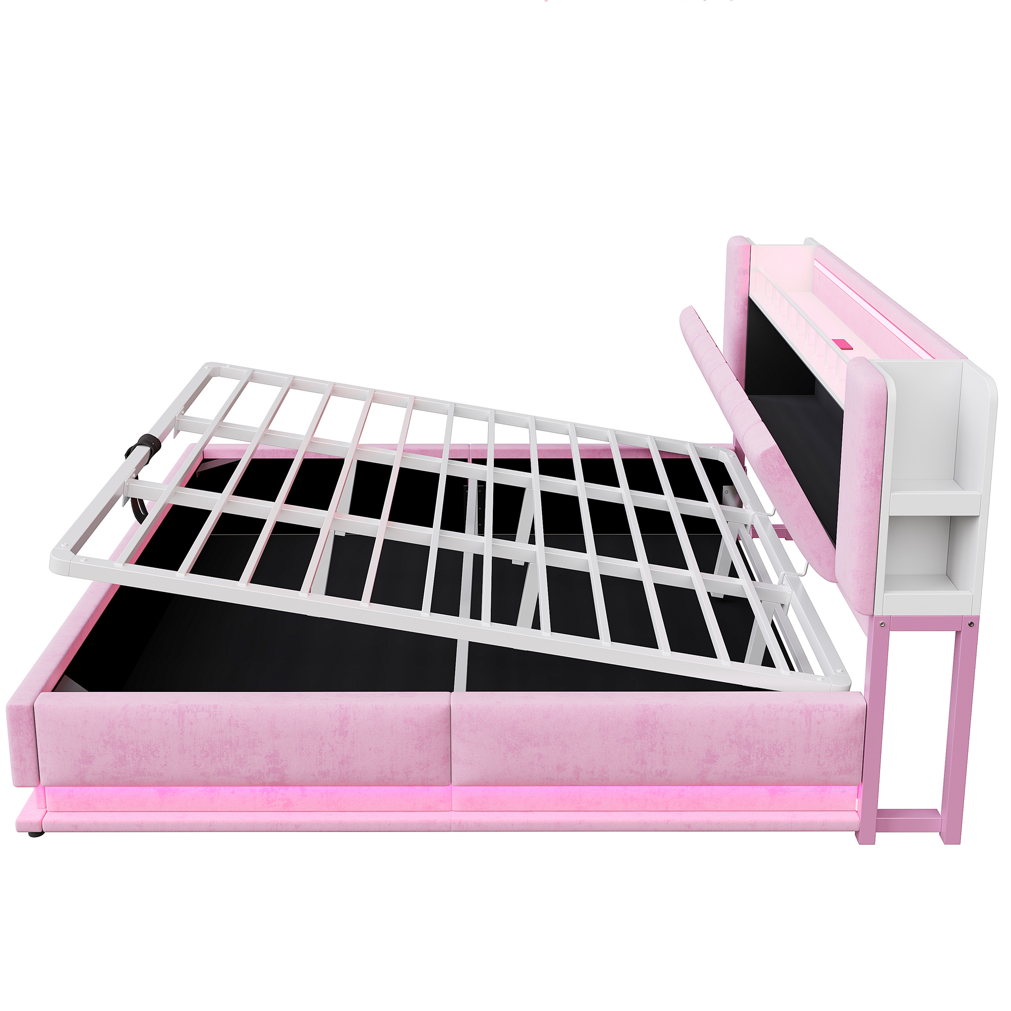 Détails de lit coffre 180x200 cm rose avec rangement hydraulique LED et USB