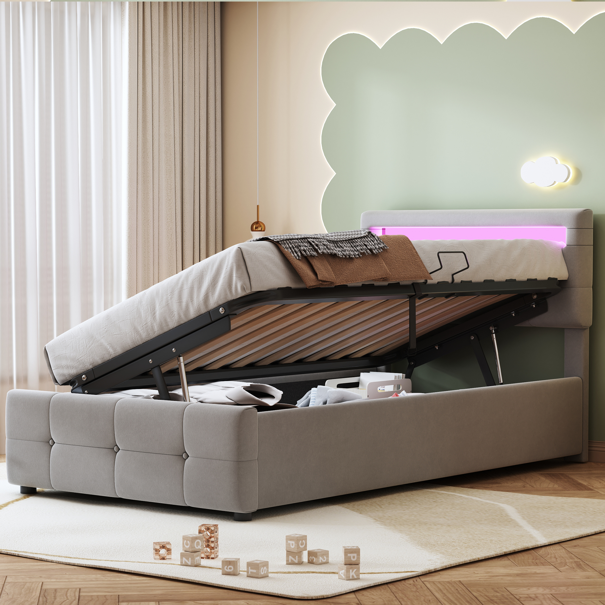 Polsterbett Kinderbett 90x200 cm, Mit LED-Beleucht