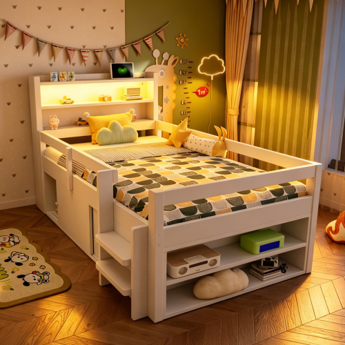 Lit enfant 90x200 cm avec tête de lit étagères et placards coulissants