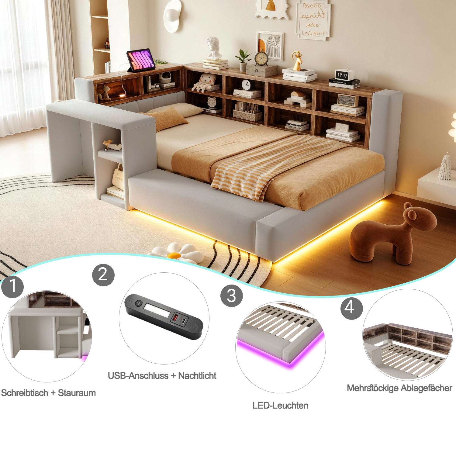 Lit rembourré 90 x 200 cm avec LED, ports de charge, structure rembourrée, Gris clair - dimensions et détails