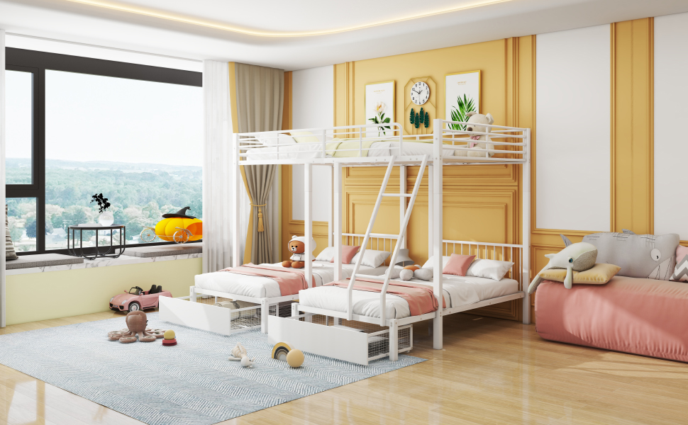 Lit triple 140×200 + 2×90×200 cm avec 2 tiroirs escamotables, divisible en 3 lits séparés, pour famille et invités, gain de place vertical, beaucoup de couchages, design polyvalent, stabilité, fonctionnalité - image 6