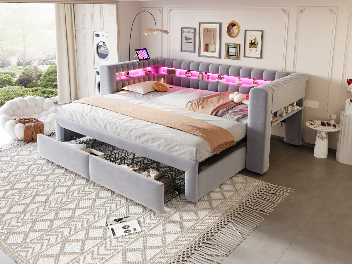 Lit rembourré, ports USB, extensible, avec tiroirs, éclairage led, 210 x 109 x 80 cm, velours et tissu, gris clair - vue 8