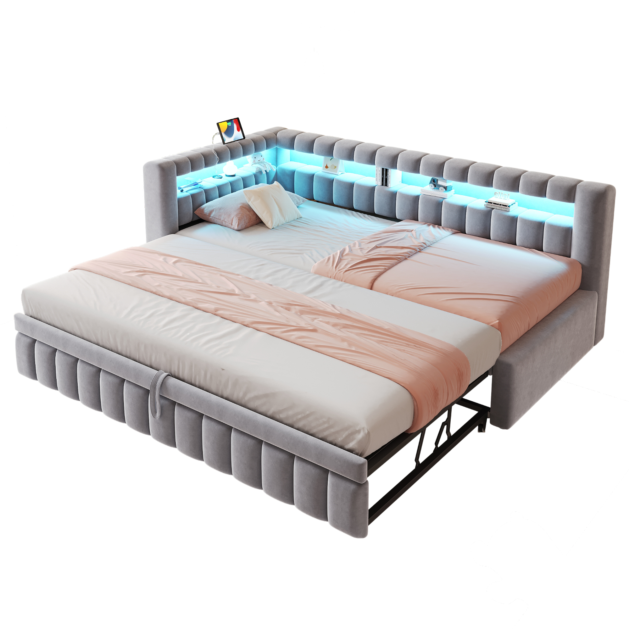 Lit banquette convertible 90x200 cm,en velours,couchage gigogne,éclairage LED,ports USB et Type-C,gris clair et gris,lit 1 place,lit avec rangement intégré