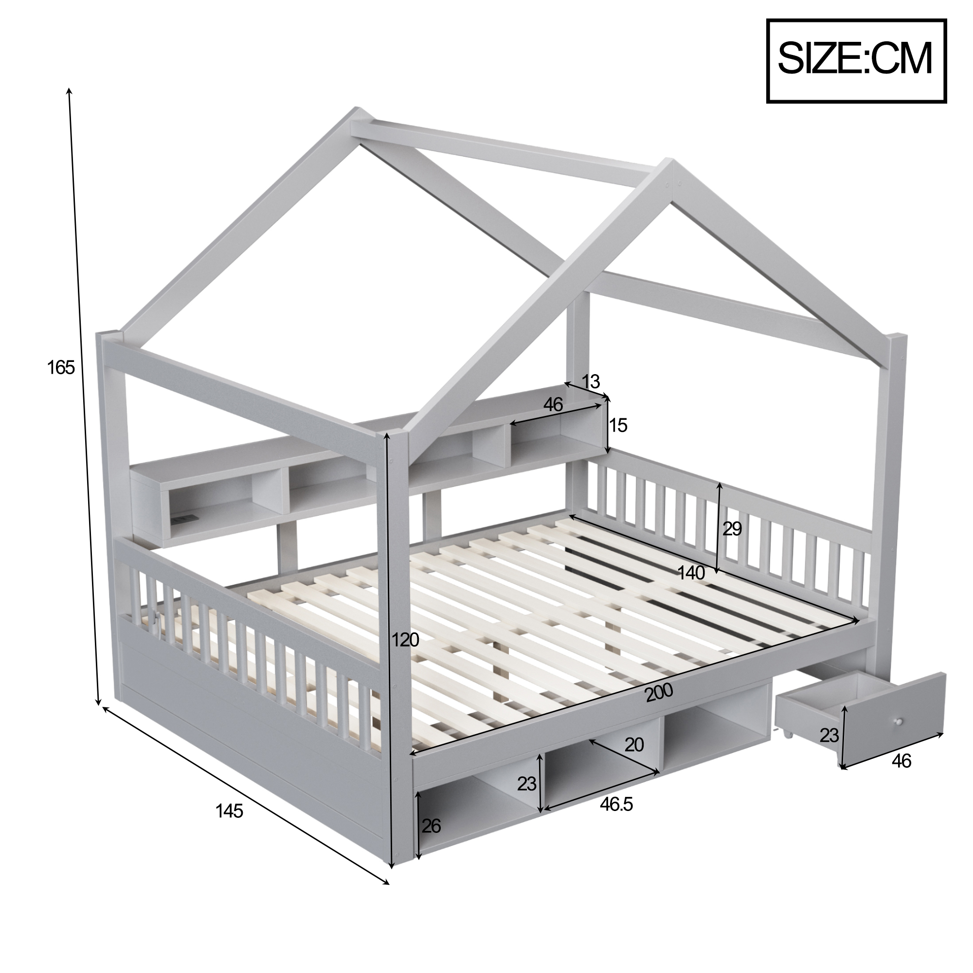 Fonctions lit cabane 140x200 cm gris avec rangement LED et tiroirs