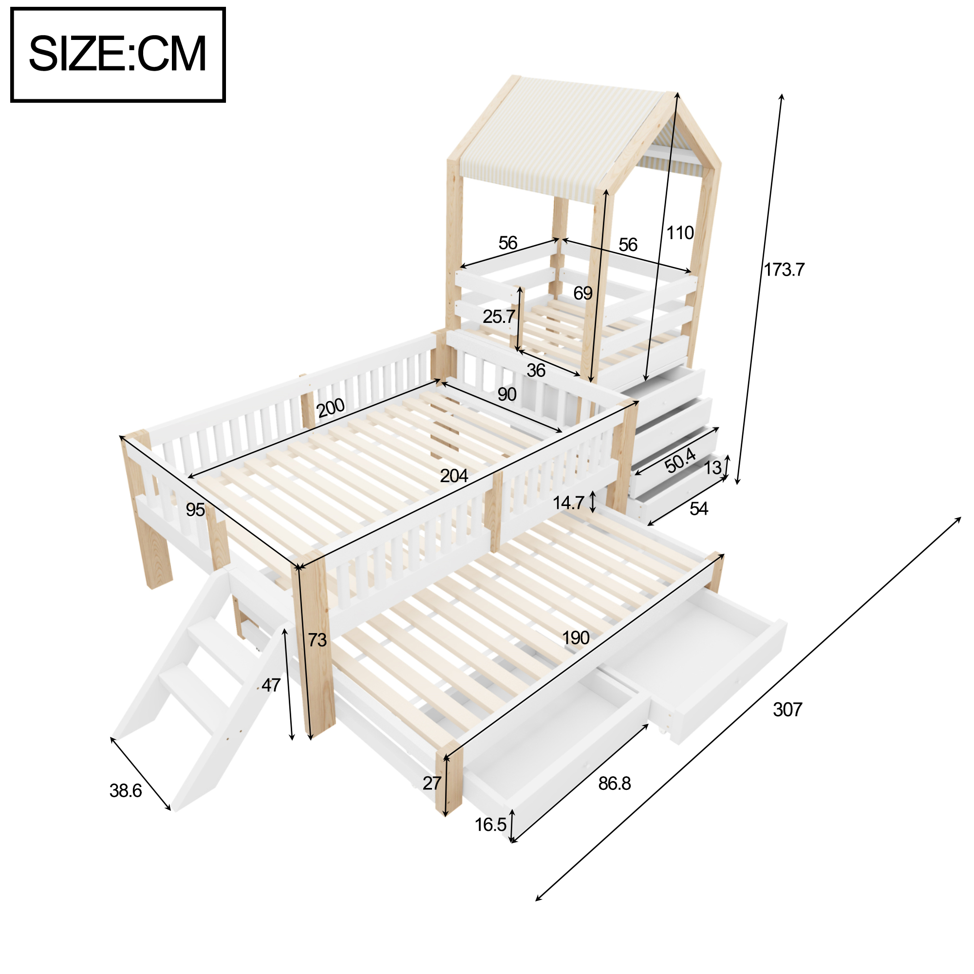 Dimensions et fonctions de Lit superposé en bois 90 x 200 cm + 90 x 190 cm avec lit gigogne, tiroirs, rangements et toit cabane, Blanc et Naturel
