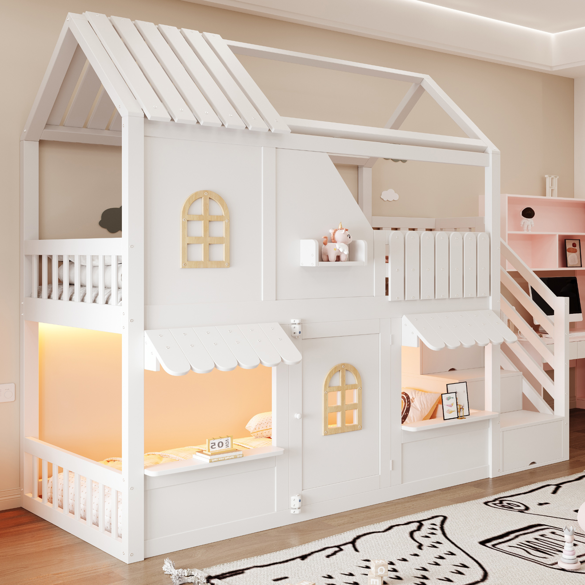 Lit superposé 90 x 200 cm avec échelle avec rangement, LED, rangements, bois, Blanc - vue principale