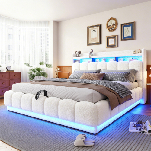 Lit coffre rembourré blanc en tissu bouclé