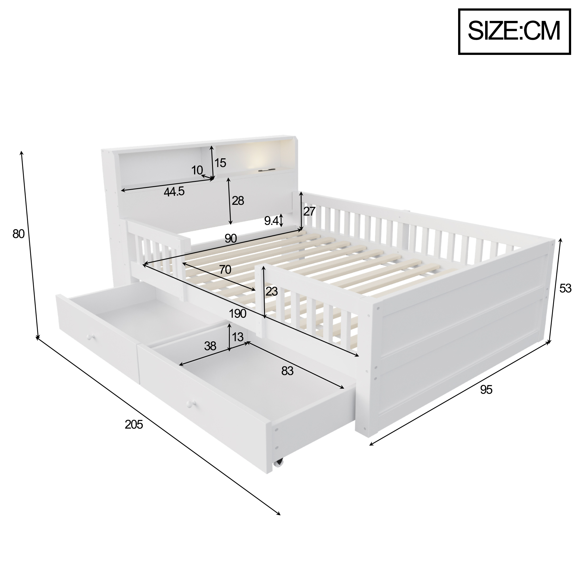 Lit enfant 90 x 190 cm, 2 tiroirs, éclairage LED intégré à la tête de lit, USB et USB-C, bois de pin, blanc, 205 x 95 x 80 cm - vue complémentaire 1