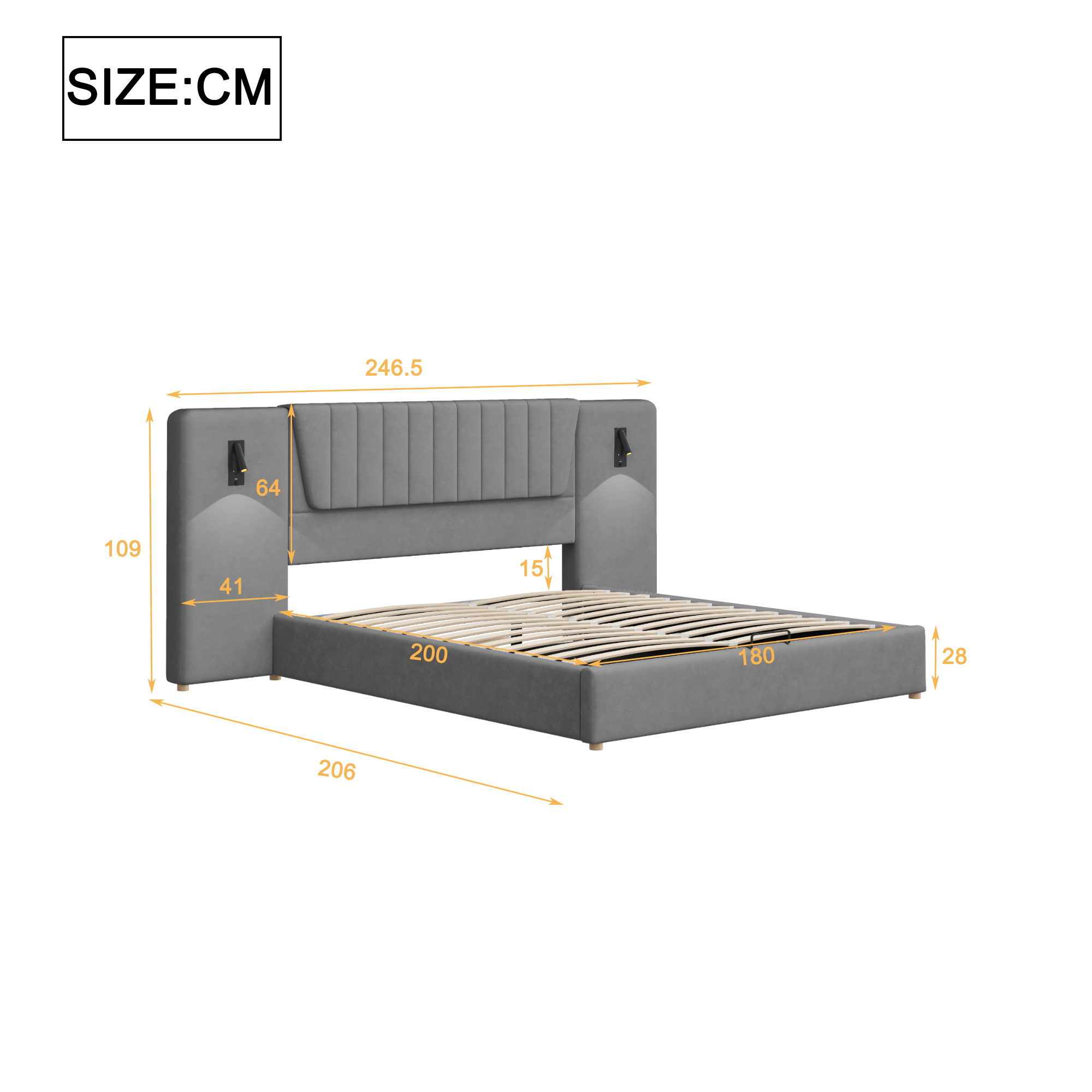 Lit rembourré en velours avec tête extra large, 2 lampes de lecture pivotantes 180° + USB, pour chambre, confort supérieur, recharge au lit, design élégant, style luxueux, stabilité, fonctionnalité - image 13