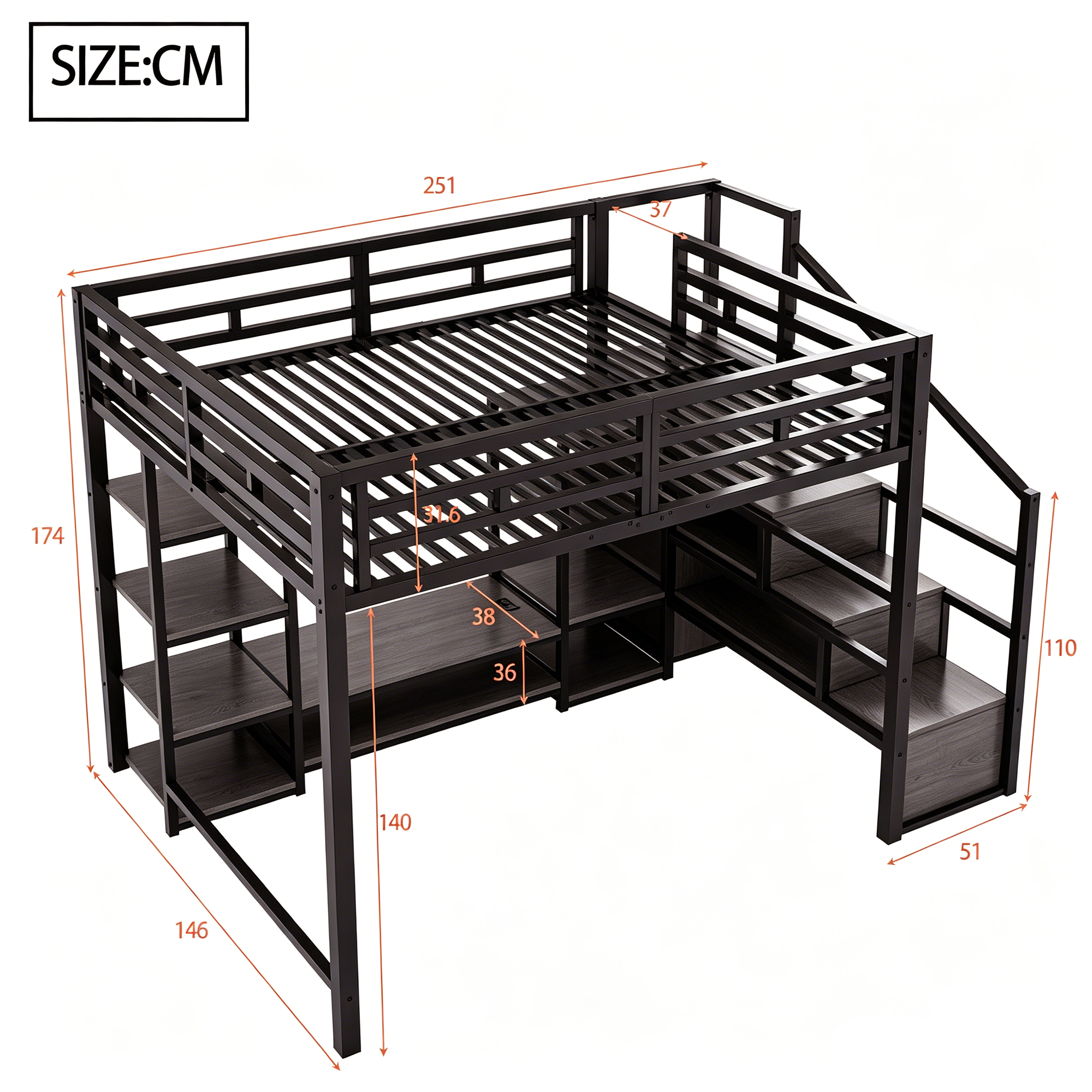 Lit mezzanine noir avec échelle de sécurité et espace multimédia
