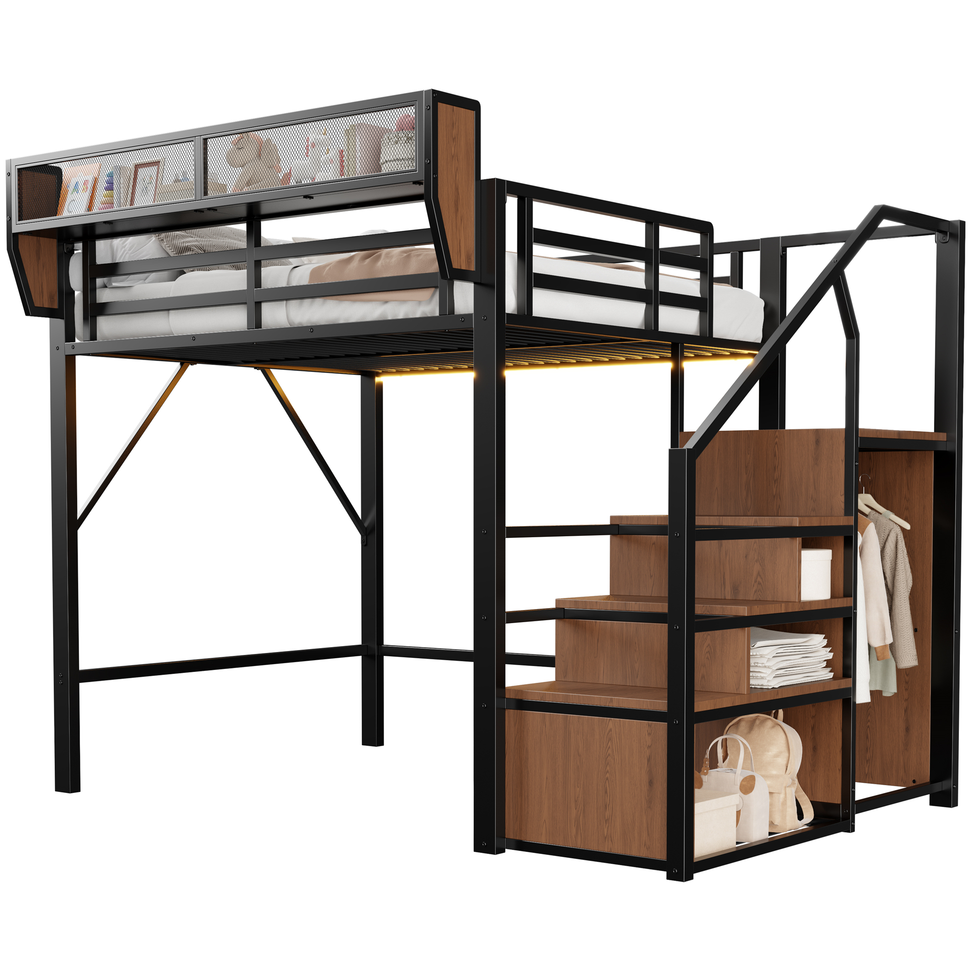 Lit mezzanine 140x200 cm avec LED, bureau, étagères et rangements, métal Noir - présentation 1