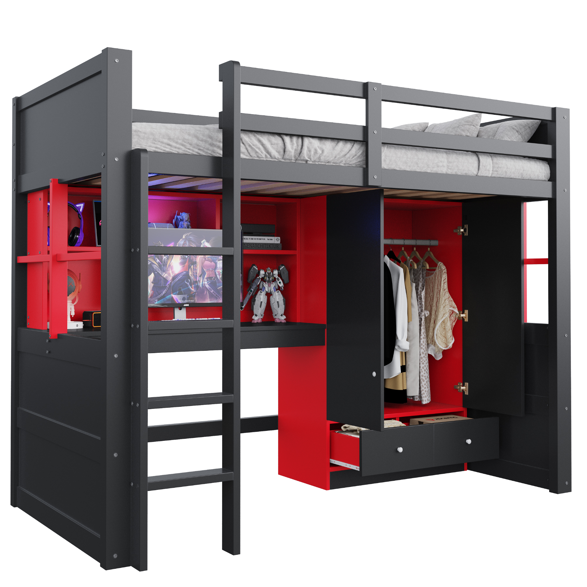 Lit mezzanine 90x200 cm avec LED, bureau, armoire et rangements, bois Noir + Rouge - présentation 1