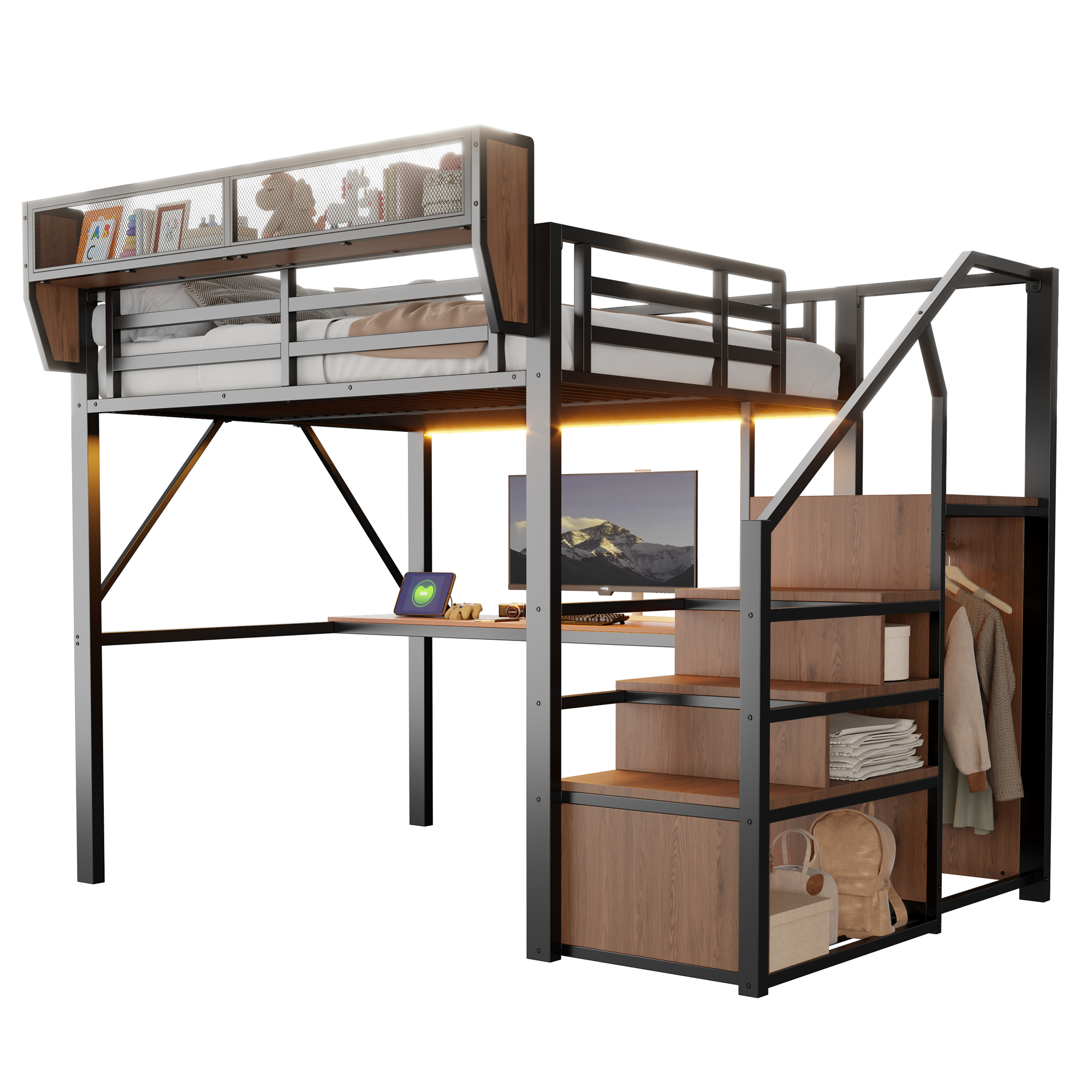 Lit mezzanine gain de place 255x145x191 cm en métal Noir - présentation 1
