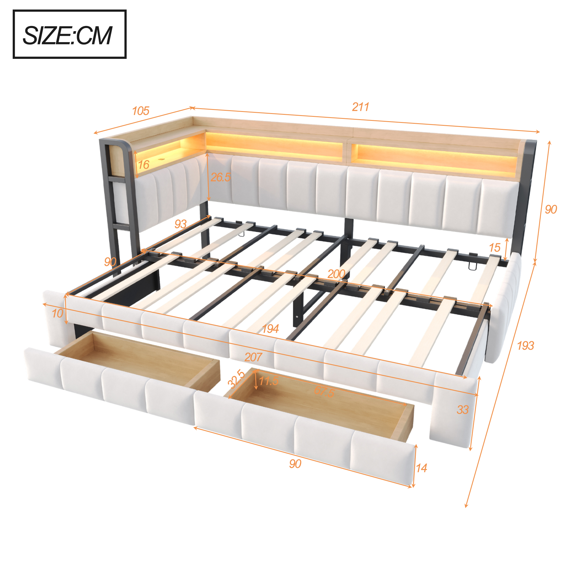Lit banquette rembourré 90 x 200 cm, lit gigogne, 2 tiroirs, éclairage LED intégré à la tête de lit, port USB, velours, beige, 211 x 105 x 90 cm 🛏️↔ - vue complémentaire 1