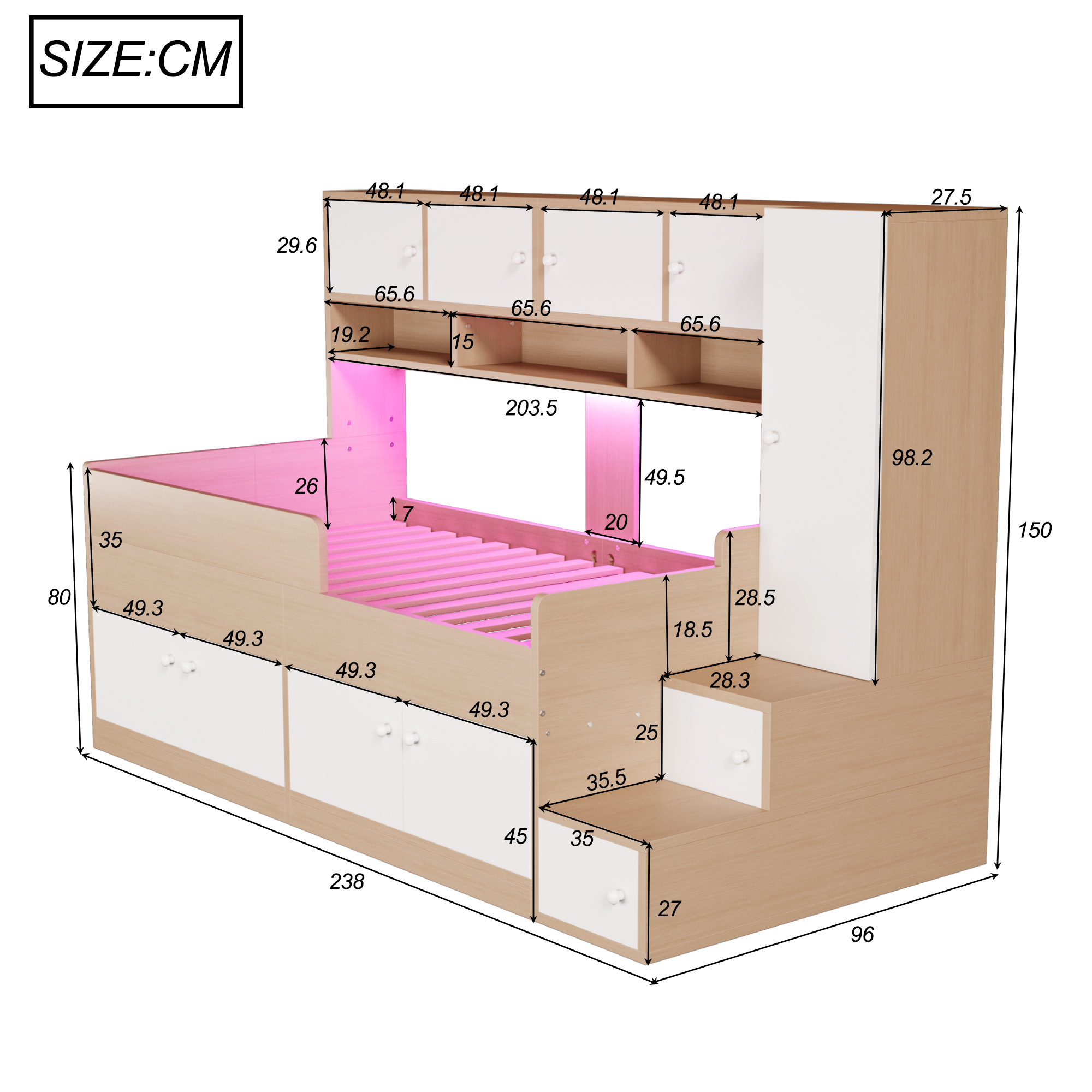 Lit enfant 90 x 200 cm avec rangements, armoire, échelle, LED et structure MDF bois naturel vue détaillée
