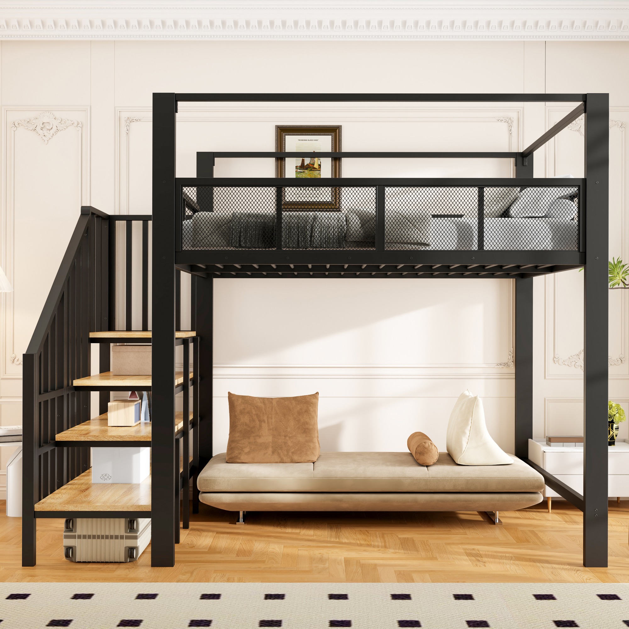 Lit mezzanine 140 x 200 cm, bureau intégré, escalier de rangement, baldaquin, garde-corps, métal, noir, 252,2 x 145,5 x 193 cm - présentation 1