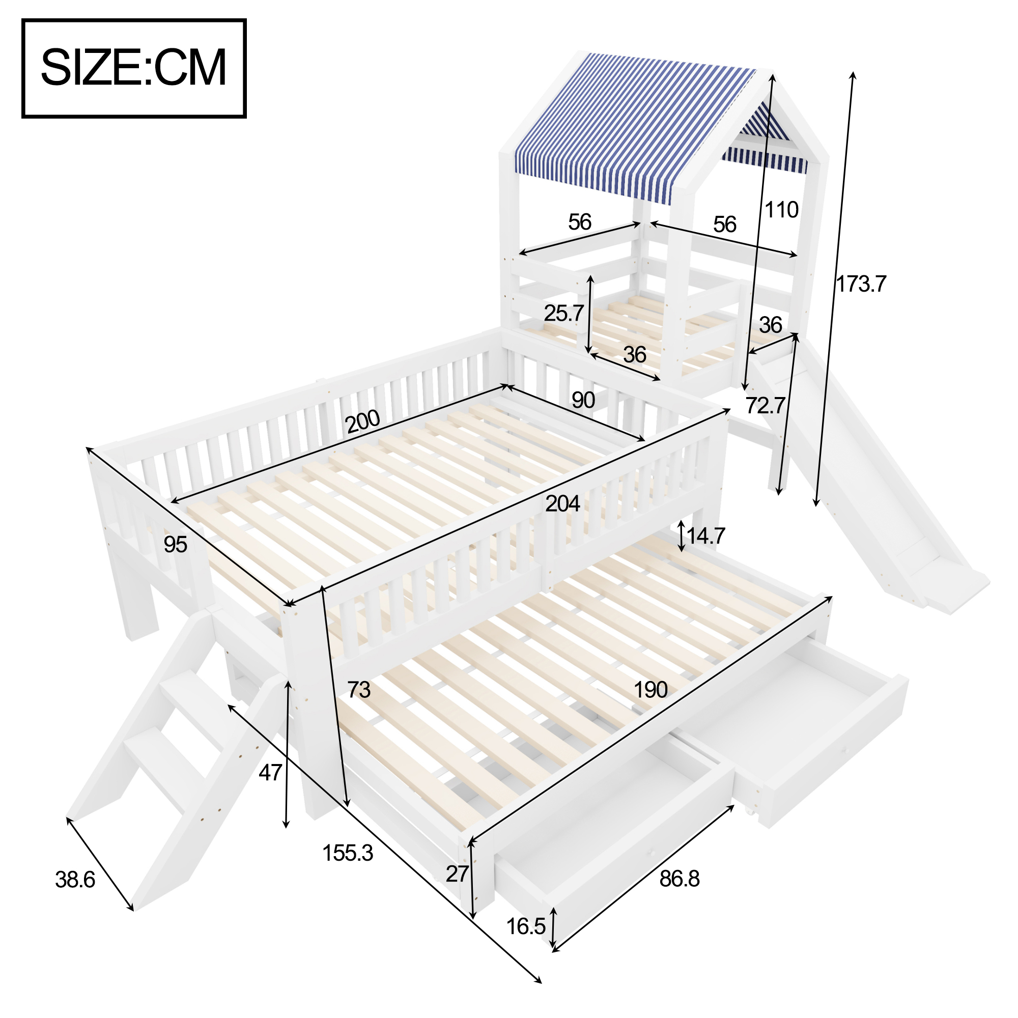 Dimensions et fonctions de Lit superposé en bois 90 x 200 cm + 90 x 190 cm avec lit gigogne, tiroirs, rangements et toboggan, Blanc
