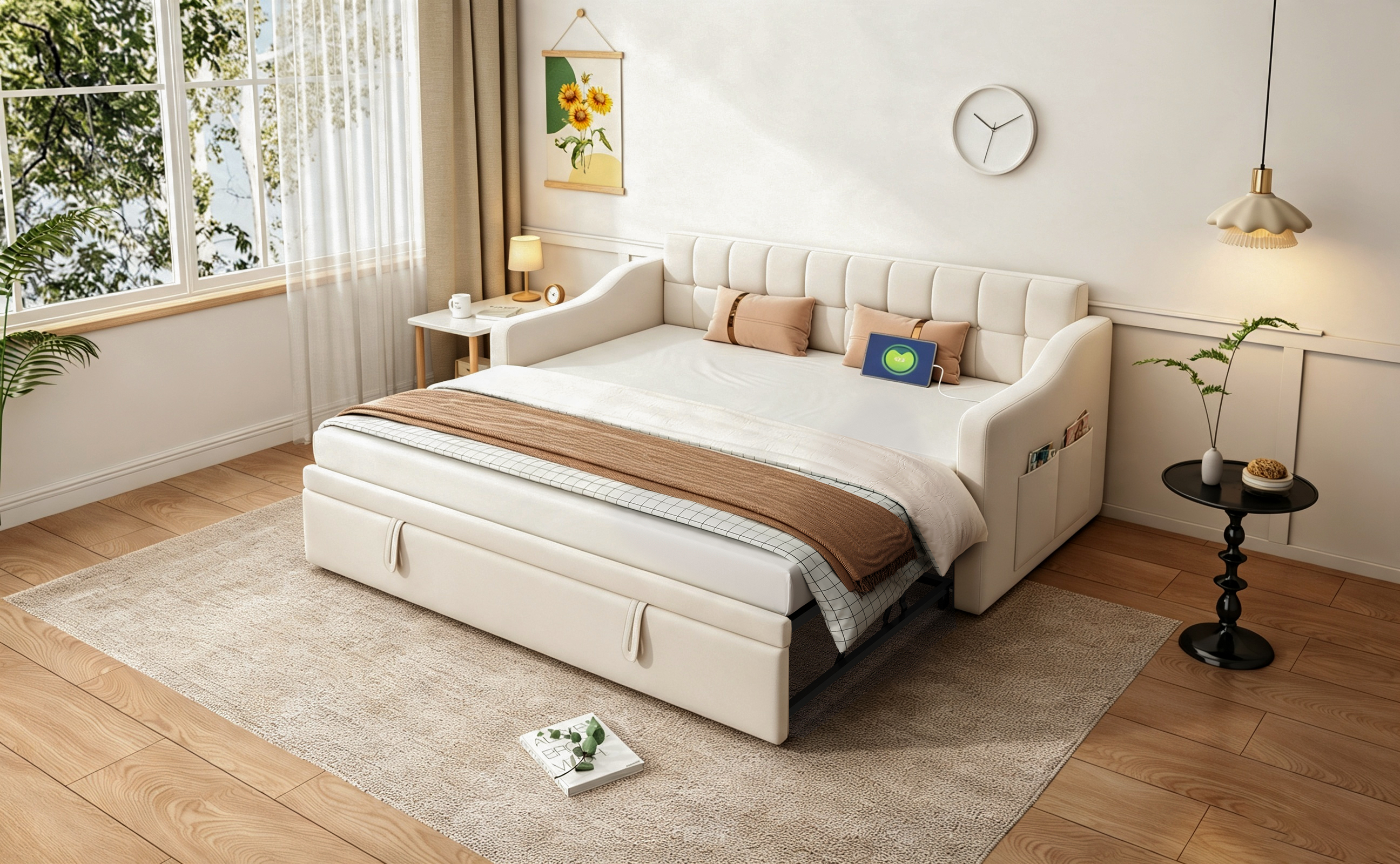 Lit banquette convertible beige 90x190 cm