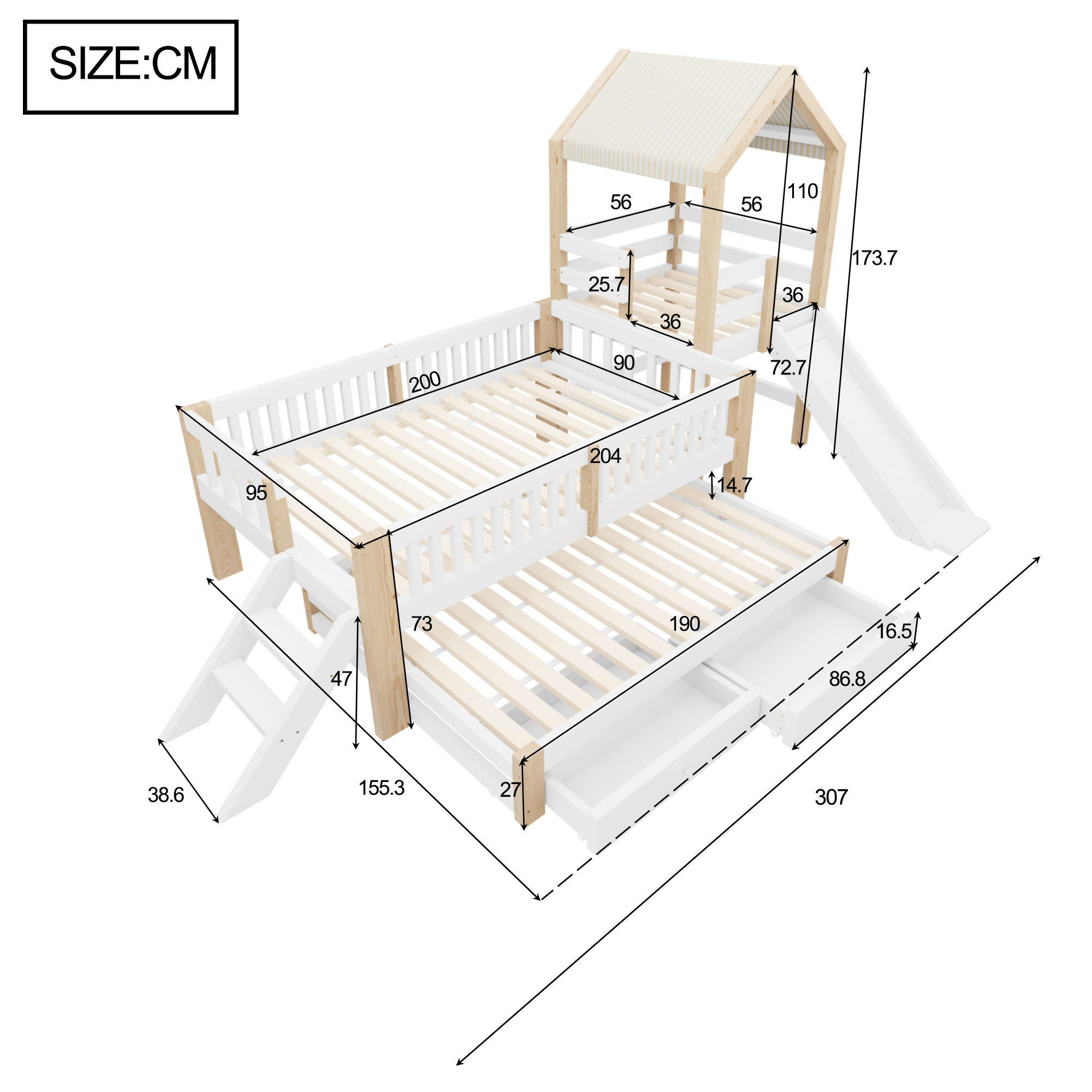 Détails du lit enfant avec escalier latéral, toboggan et rangements sous le lit