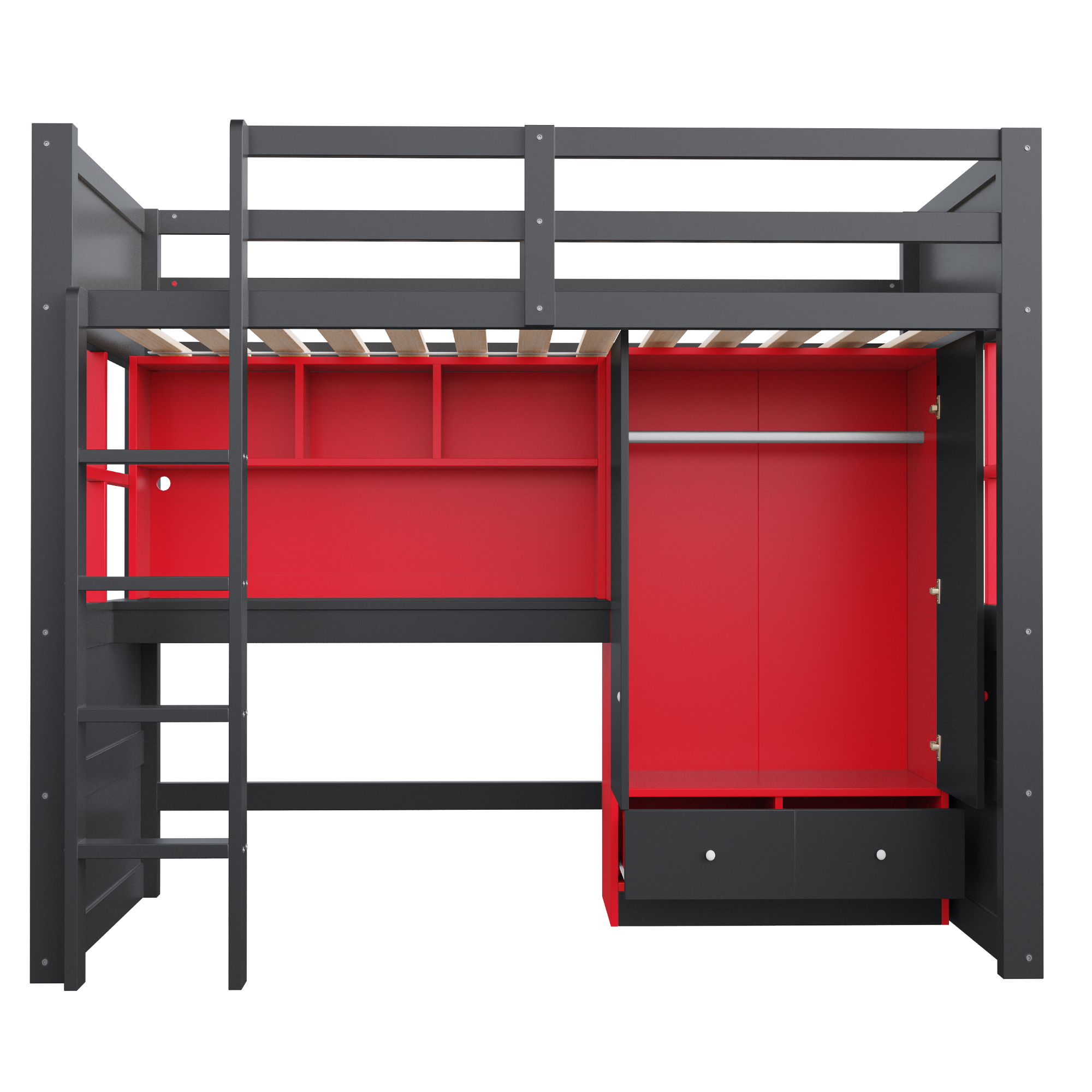 Lit mezzanine 90x200 cm avec LED, bureau, armoire et rangements, bois Noir + Rouge - spécifications 1