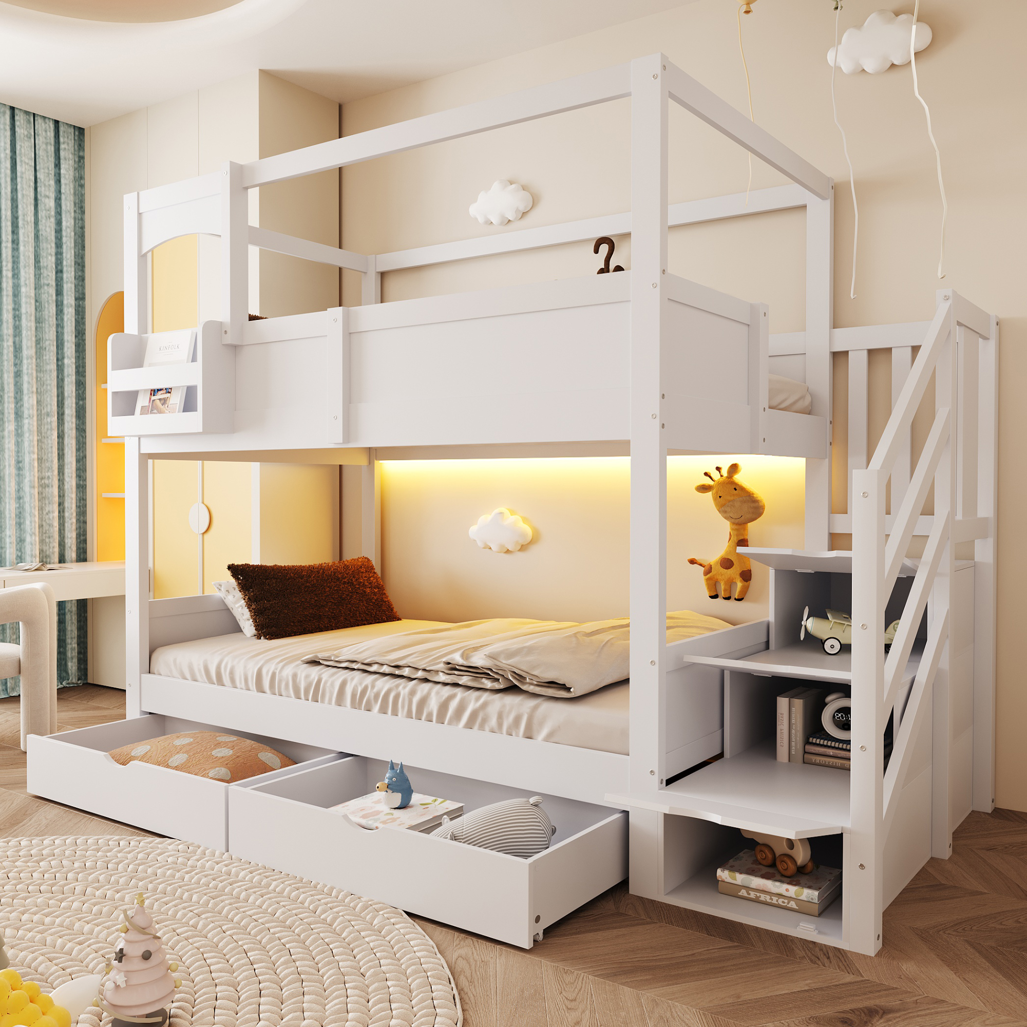 Lit superposé 90 x 200 cm, escalier, 2 tiroirs, design cabane, garde-corps, bois de pin, contreplaqué et MDF, blanc, 253 x 95 x 180 cm 🏠 - présentation 1