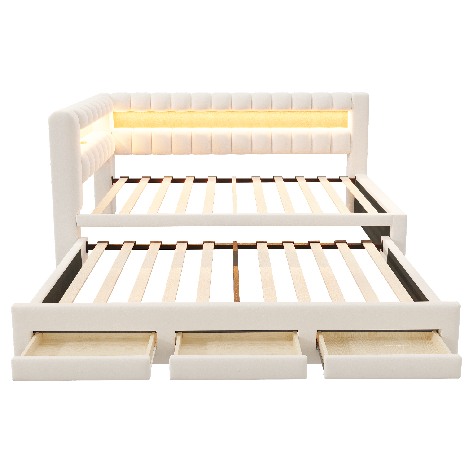 Lit banquette convertible 90x190 cm,en velours,couchage gigogne,éclairage LED,ports USB et Type-C,beige,lit 1 place,lit avec rangement intégré