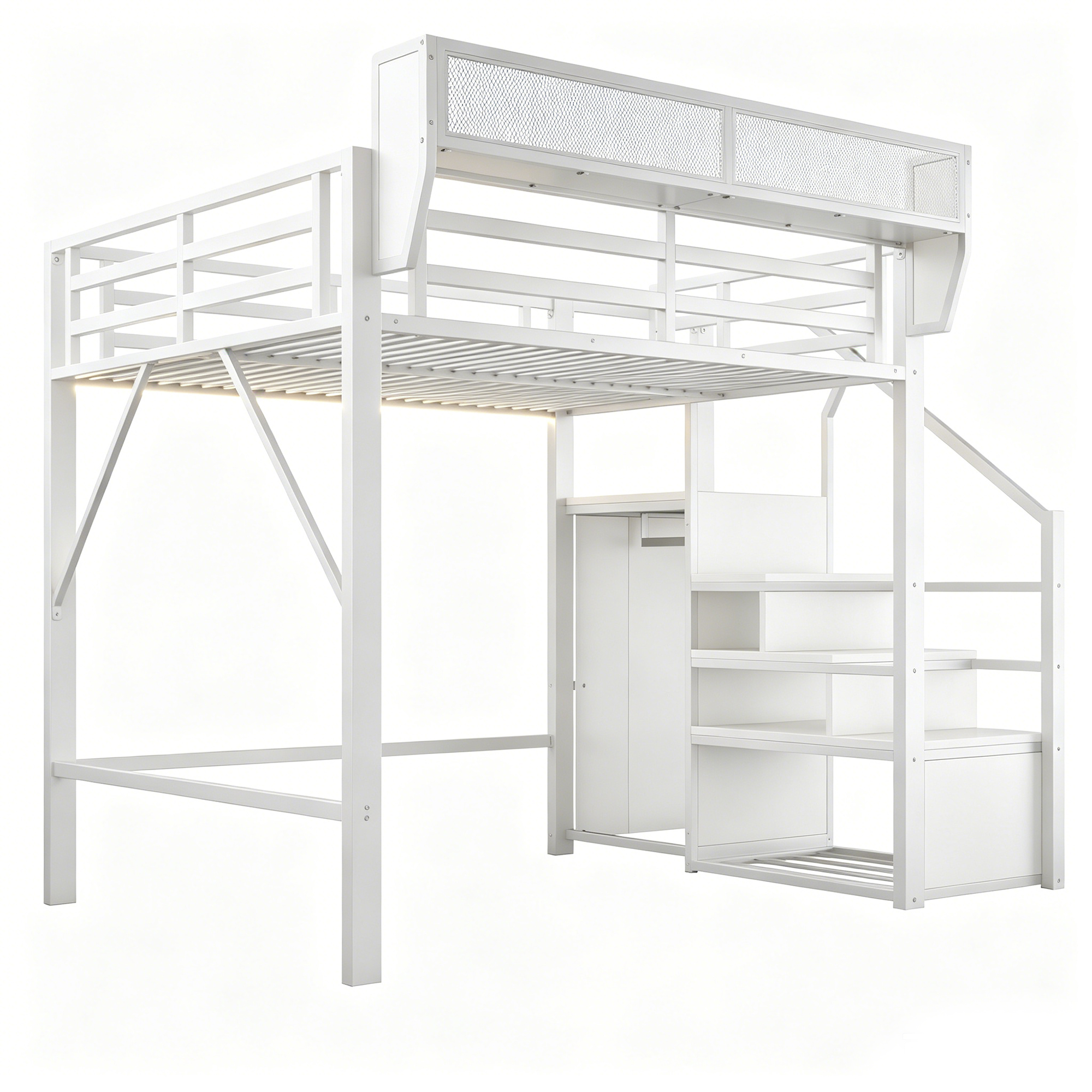 Lit mezzanine 140x200 cm avec LED, bureau, étagères et rangements, métal Blanc - points forts 1