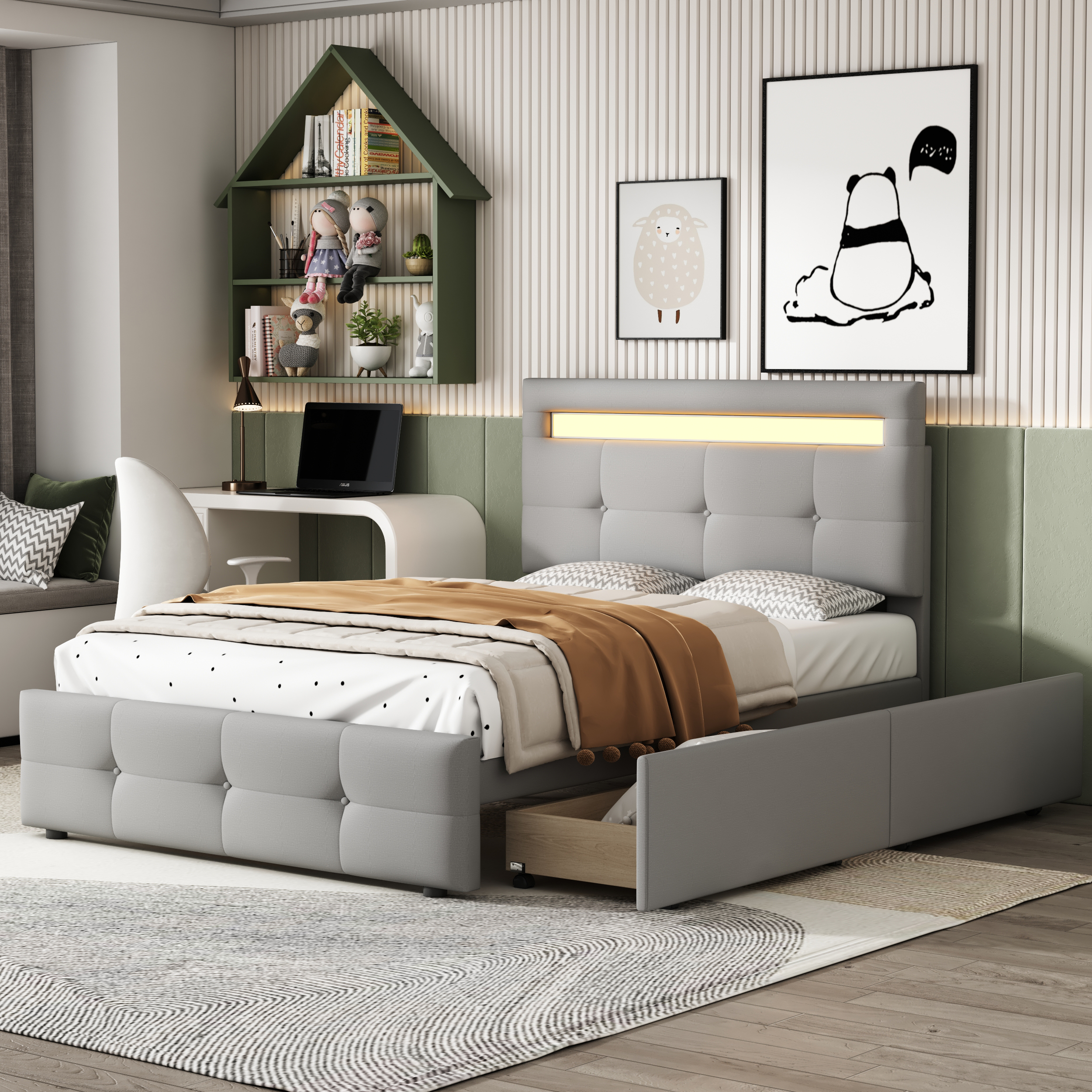 Polsterbett 90*200cm mit LED-Leuchten, 2 Schublade