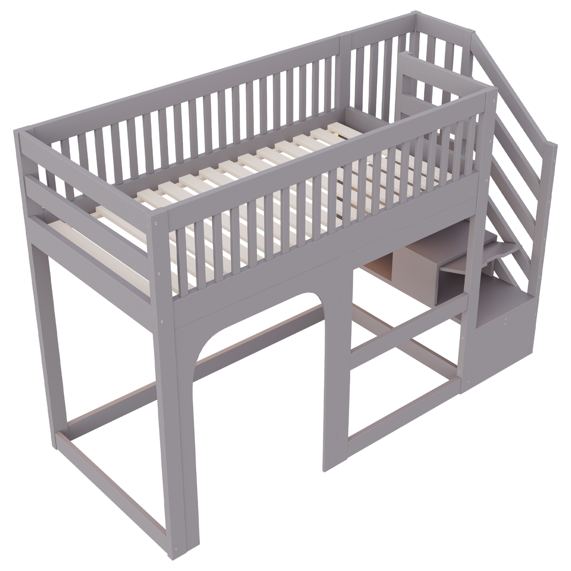 Présentation de Lit mezzanine en bois 90 x 200 cm avec éclairage LED, rangements et barrières de sécurité, Gris